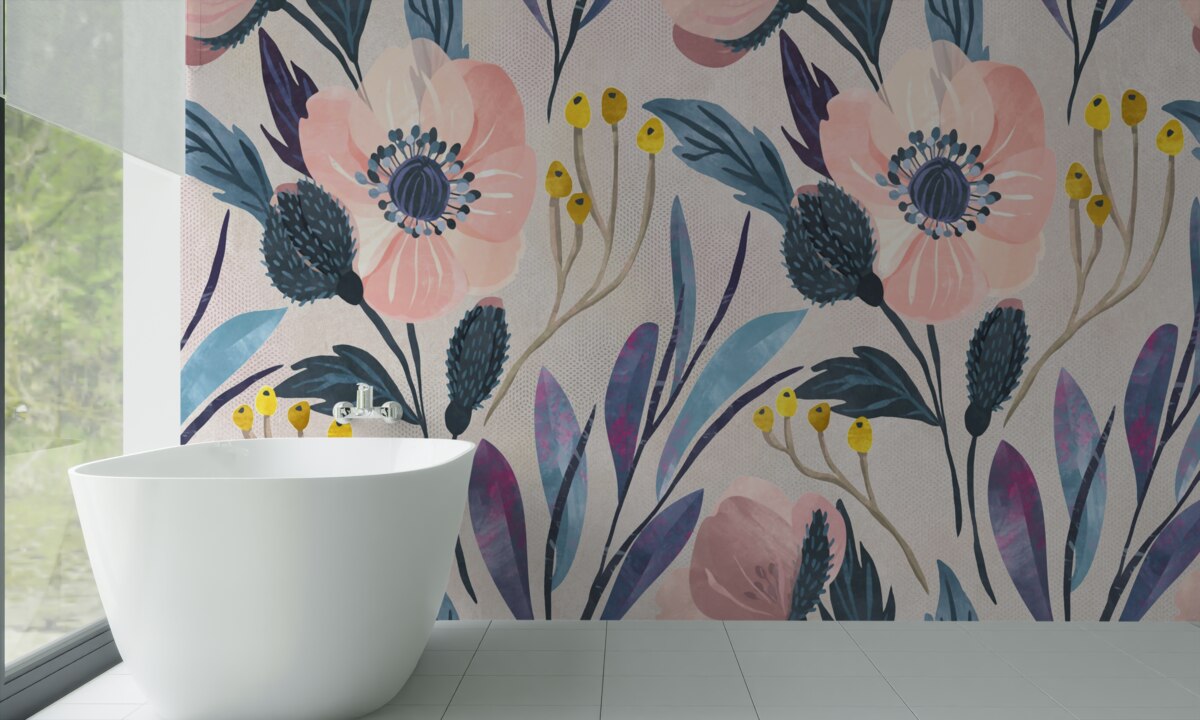 Fotobehang roze klaprozen tussen de bladeren