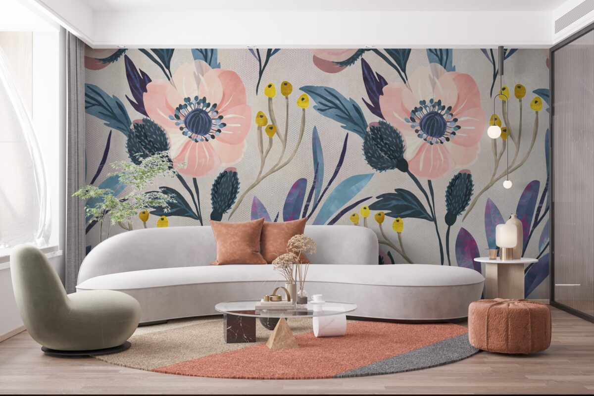 Fotobehang roze klaprozen tussen de bladeren