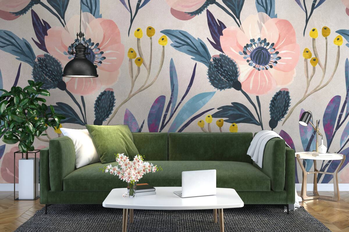 Fotobehang roze klaprozen tussen de bladeren