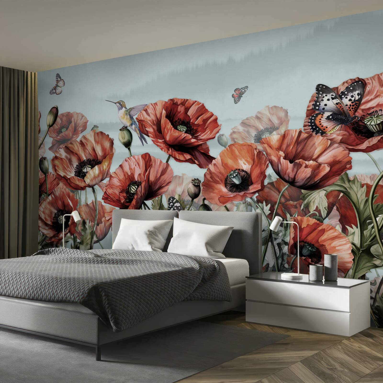 Fotobehang vlinders vliegen over een veld met scharlakenrode klaprozen