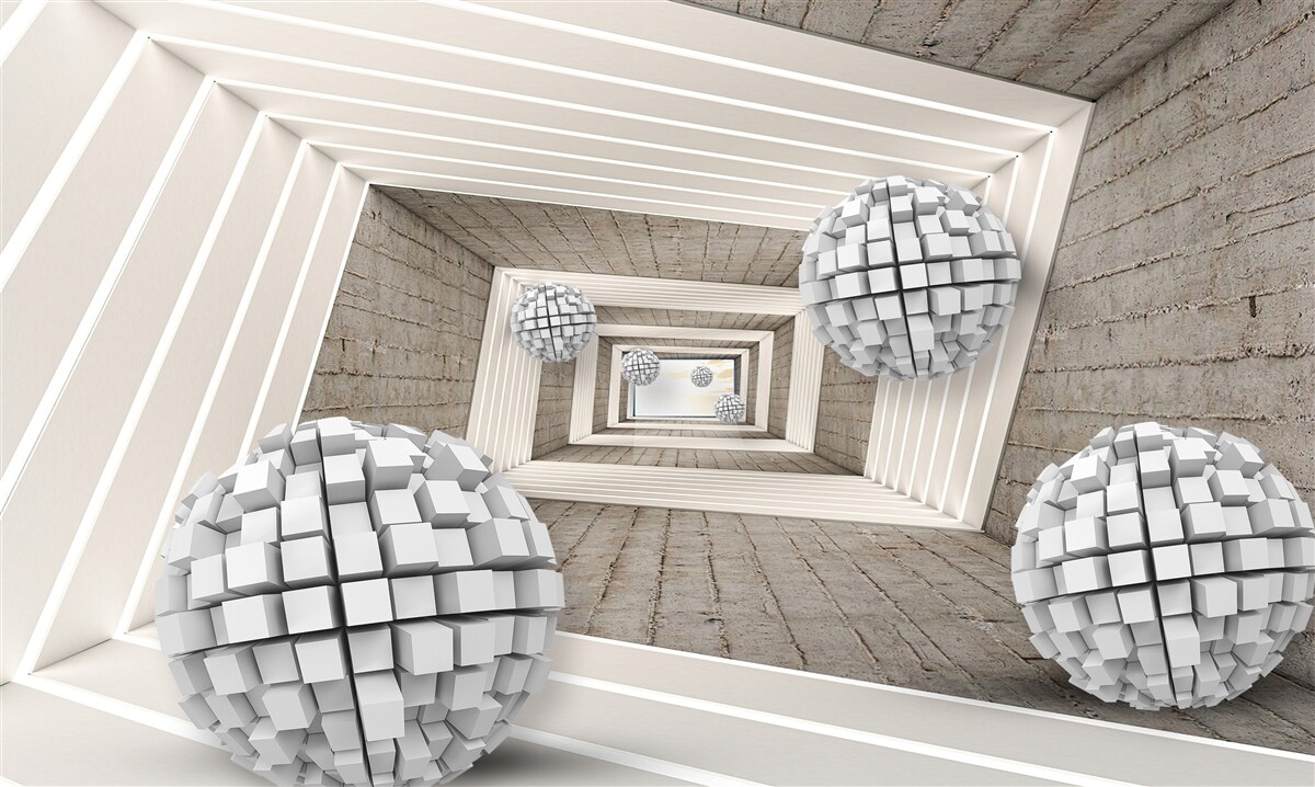 Fotobehang ballen gevormd door kubussen en een eindeloze gang