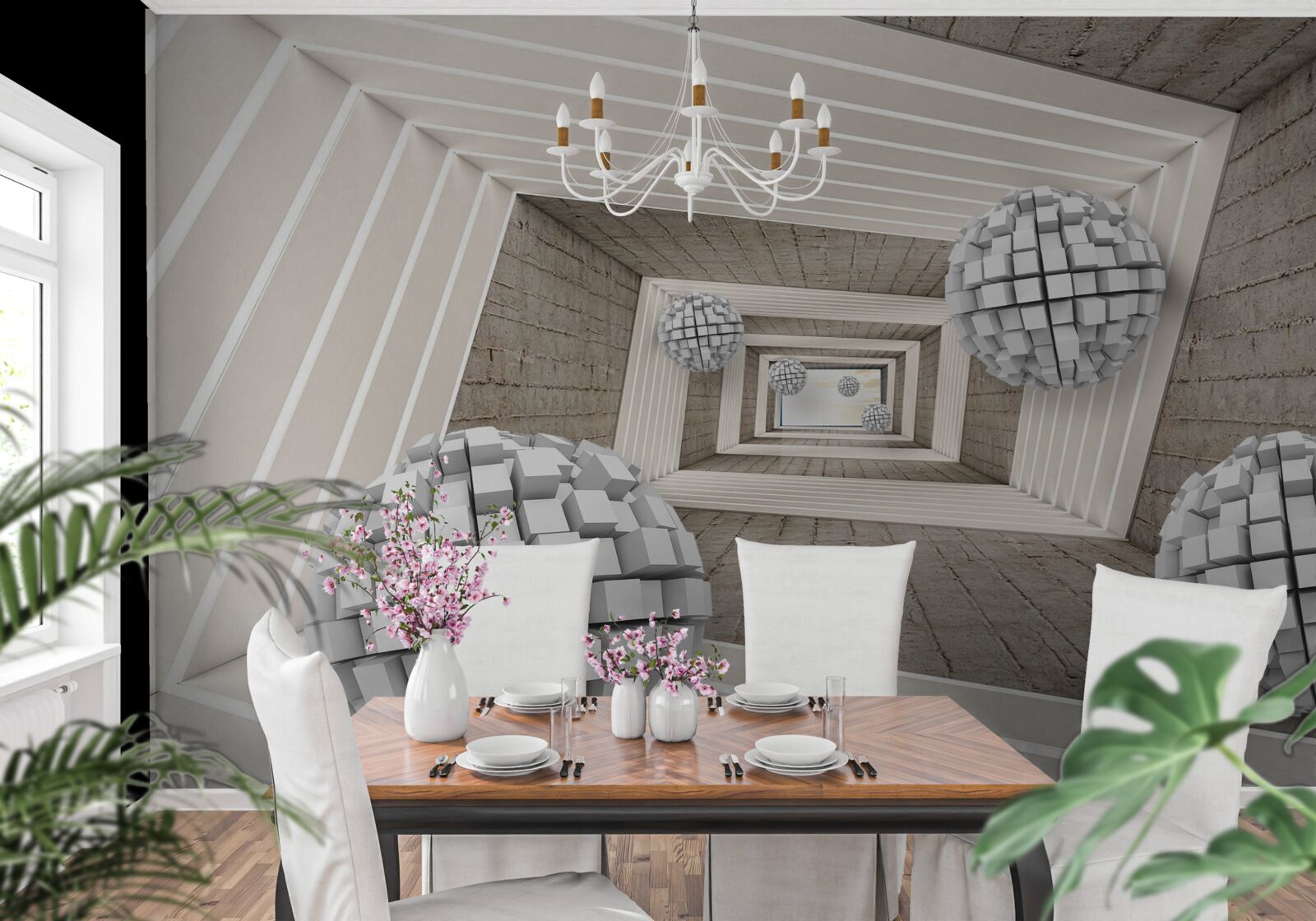 Fotobehang ballen gevormd door kubussen en een eindeloze gang