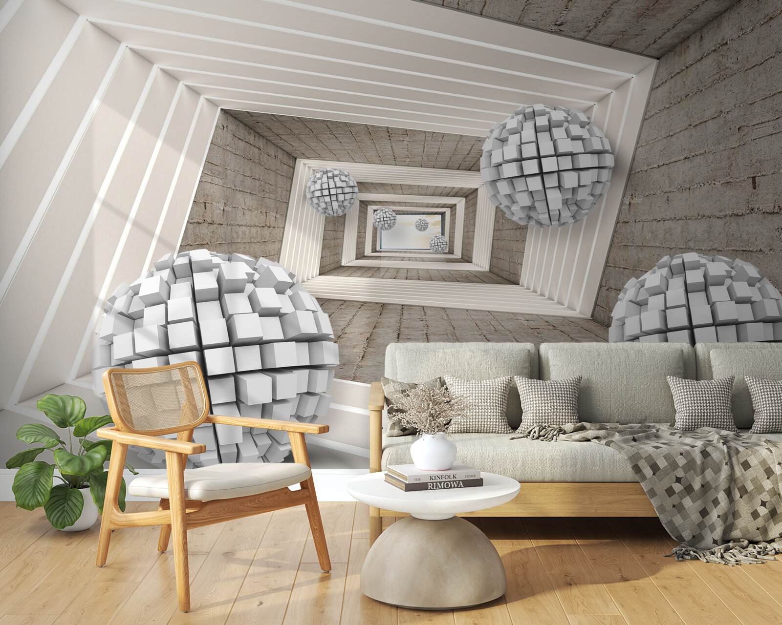 Fotobehang ballen gevormd door kubussen en een eindeloze gang