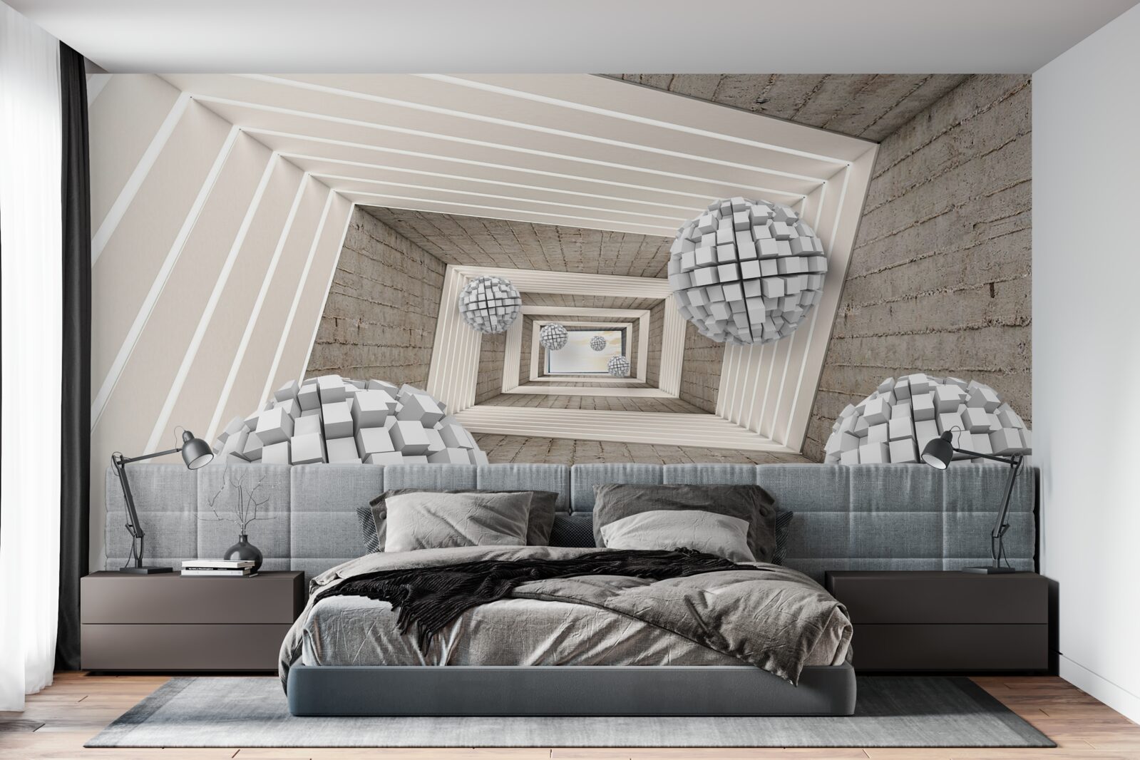 Fotobehang ballen gevormd door kubussen en een eindeloze gang