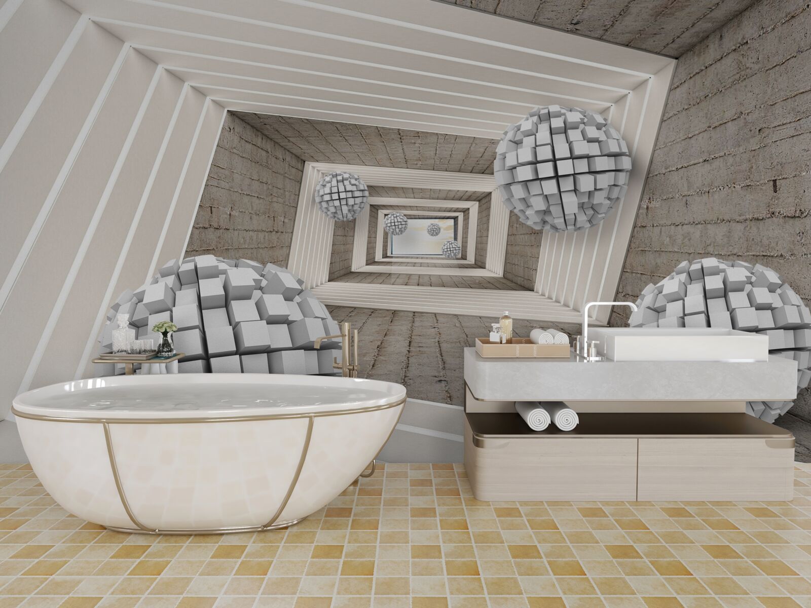 Fotobehang ballen gevormd door kubussen en een eindeloze gang