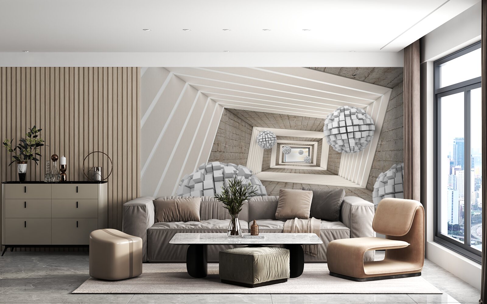 Fotobehang ballen gevormd door kubussen en een eindeloze gang