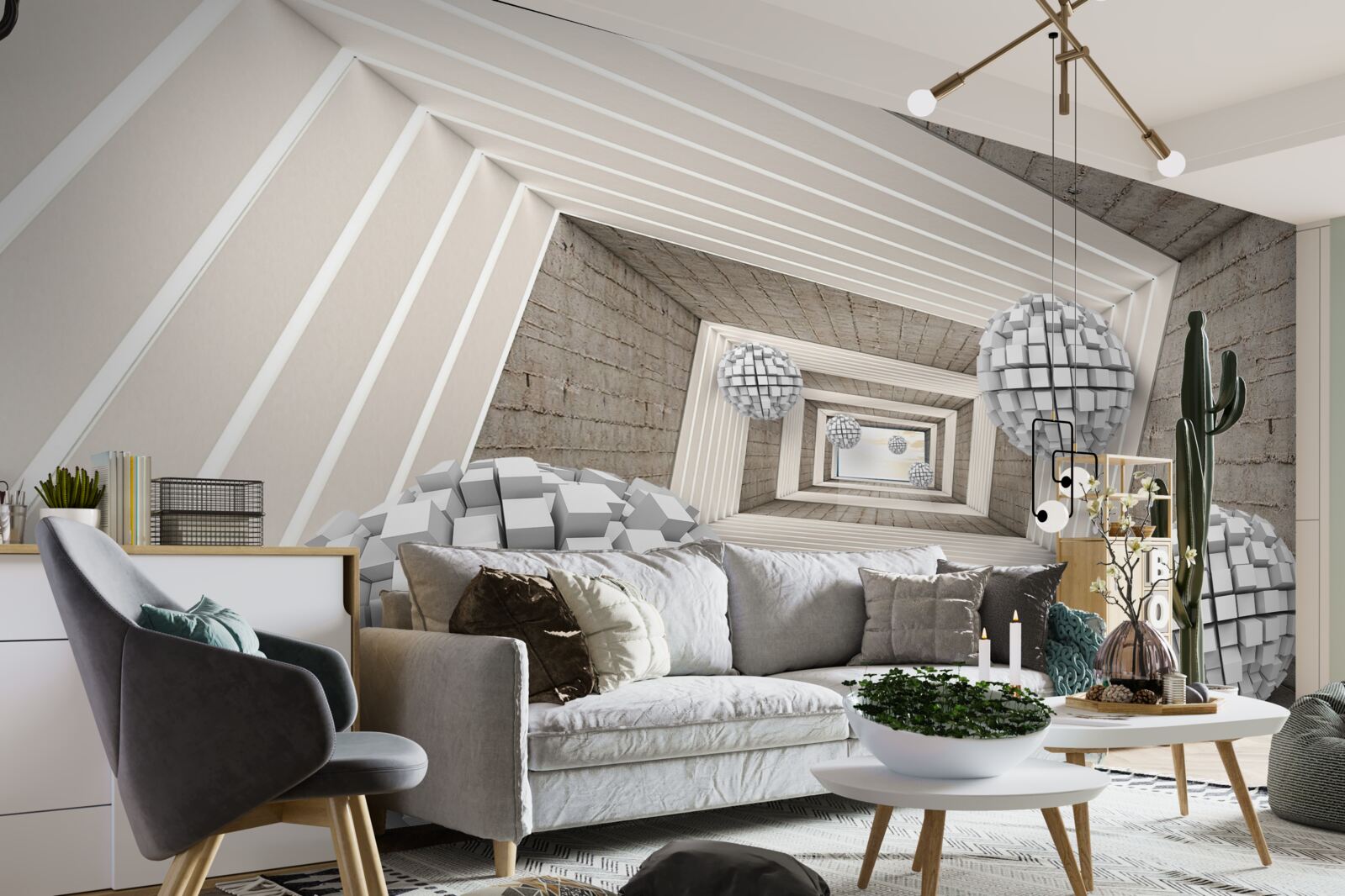 Fotobehang ballen gevormd door kubussen en een eindeloze gang