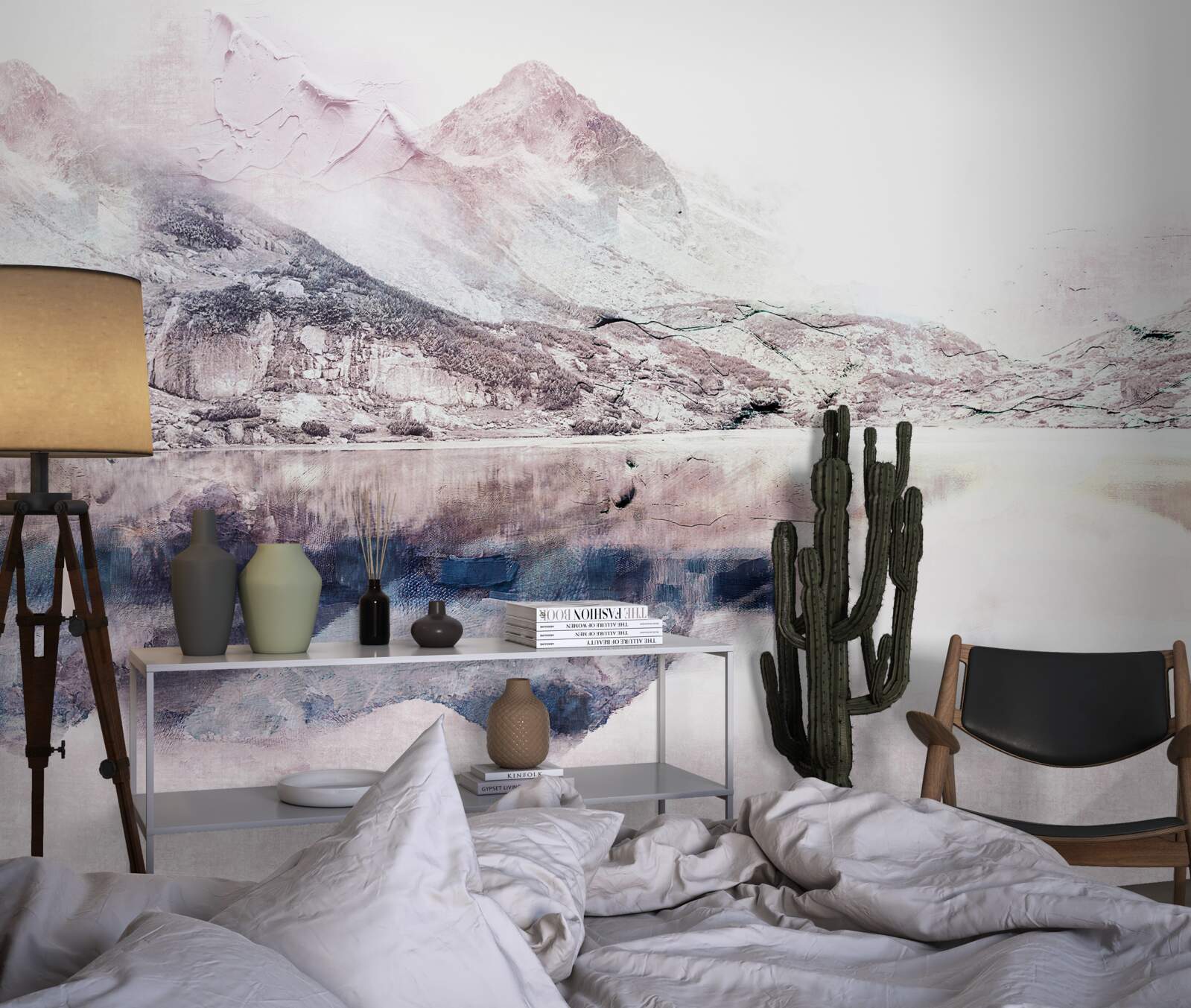 Fotobehang weerspiegeling van hoge bergen in het spiegeloppervlak van het water