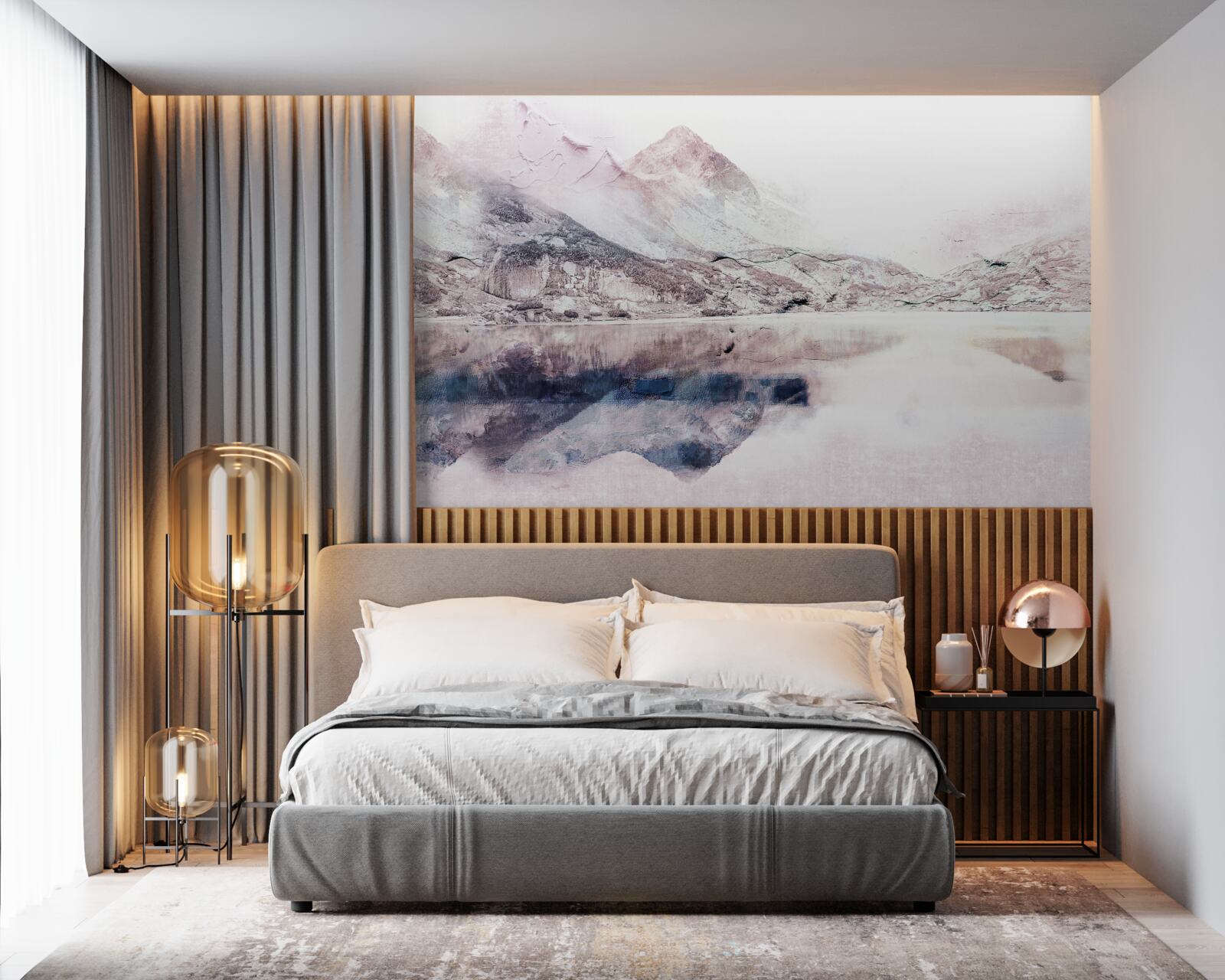 Fotobehang weerspiegeling van hoge bergen in het spiegeloppervlak van het water