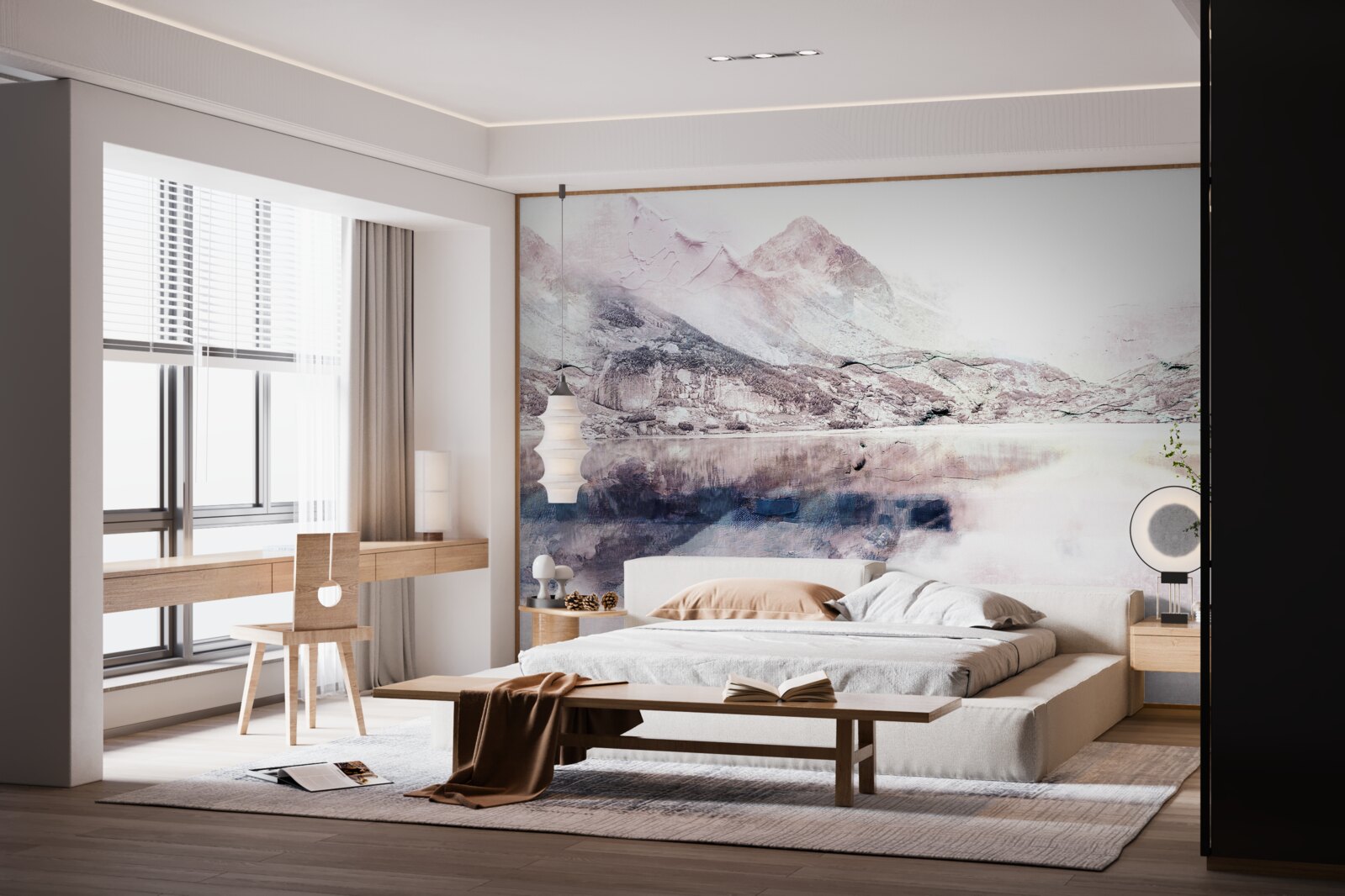 Fotobehang weerspiegeling van hoge bergen in het spiegeloppervlak van het water