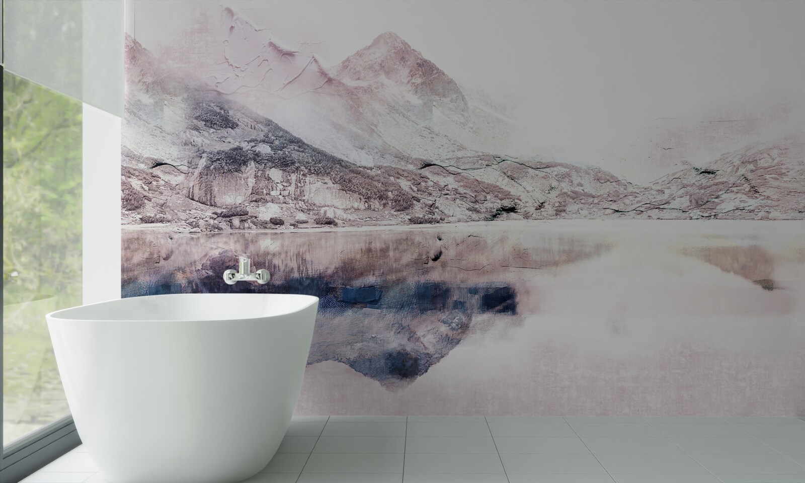 Fotobehang weerspiegeling van hoge bergen in het spiegeloppervlak van het water