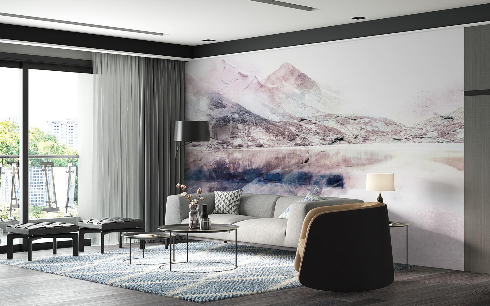 Fotobehang weerspiegeling van hoge bergen in het spiegeloppervlak van het water