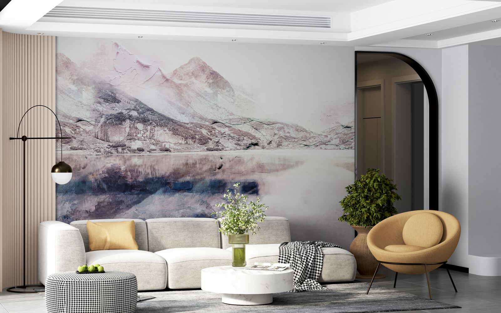 Fotobehang weerspiegeling van hoge bergen in het spiegeloppervlak van het water