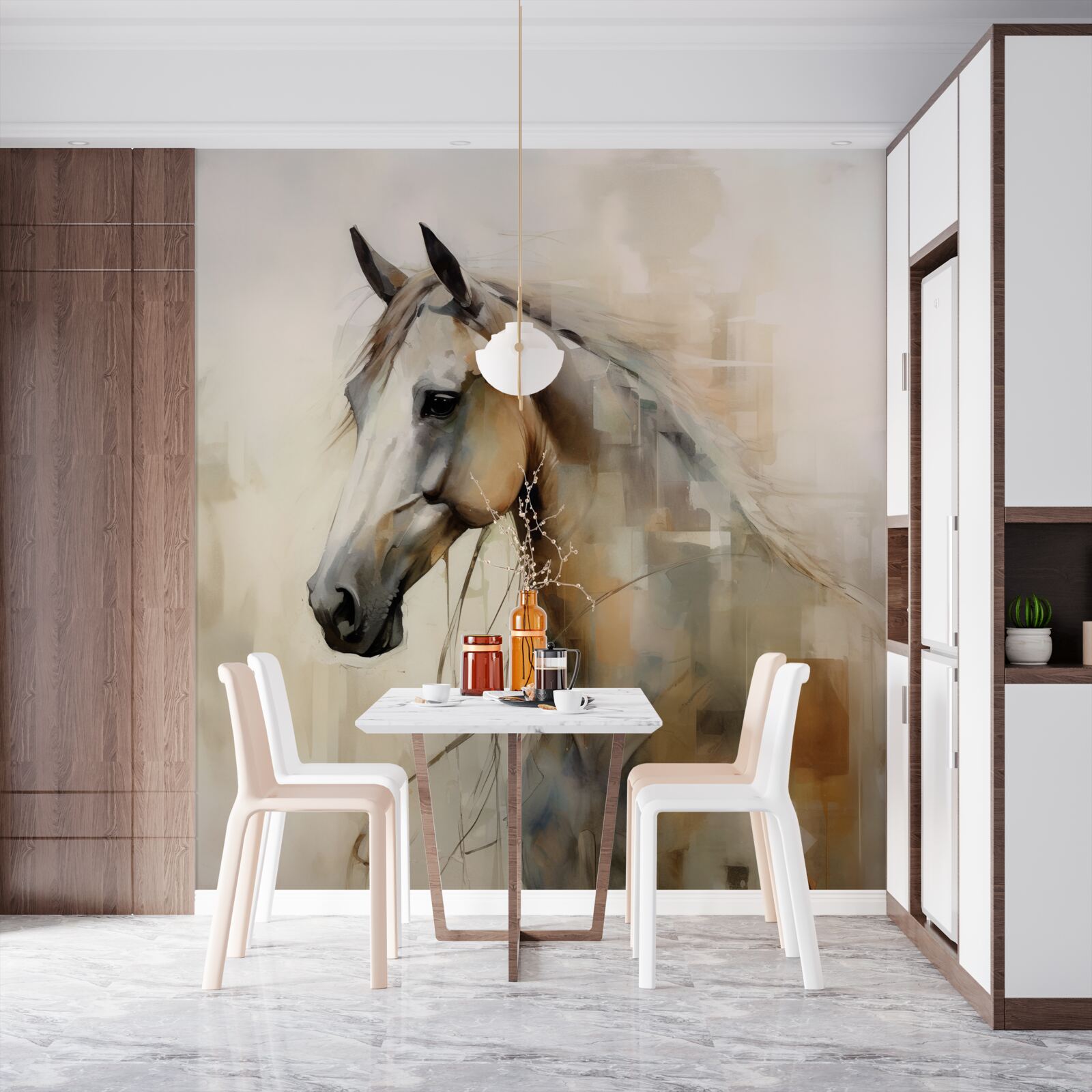 Fotobehang exotisch sneeuwwit paard met weelderige manen