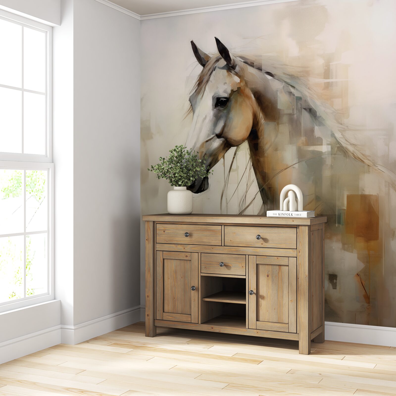 Fotobehang exotisch sneeuwwit paard met weelderige manen