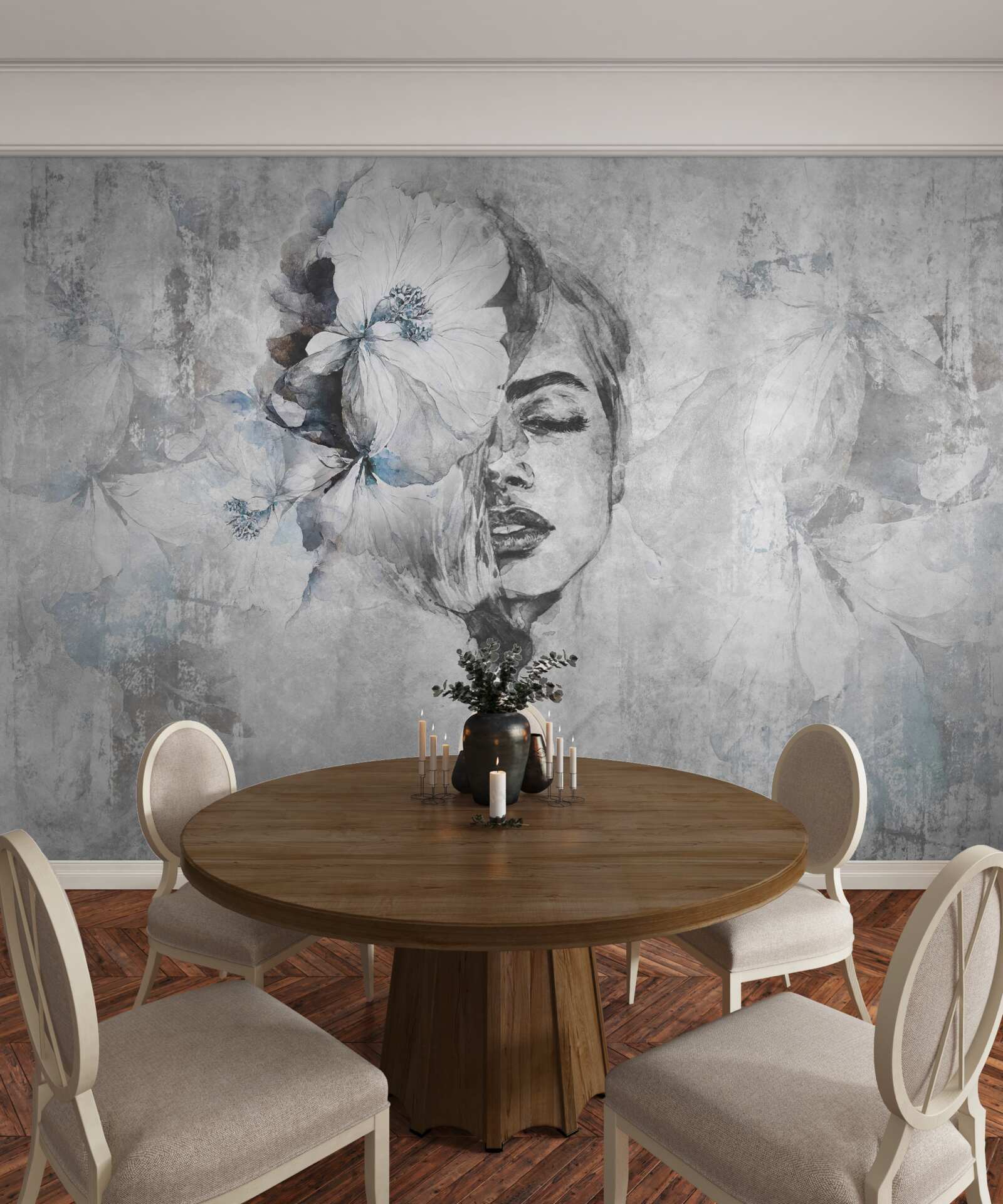 Fotobehang beeld van een meisje tegen een grijze achtergrond