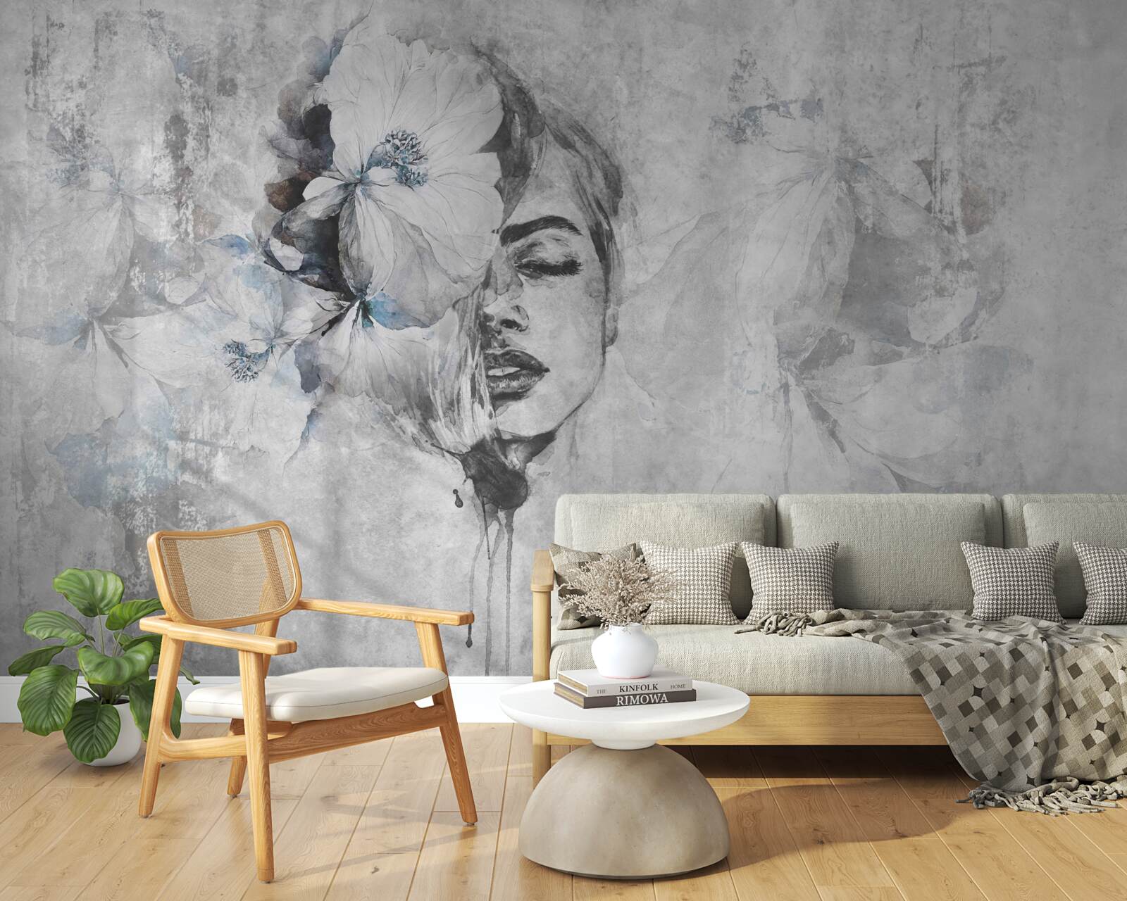 Fotobehang beeld van een meisje tegen een grijze achtergrond