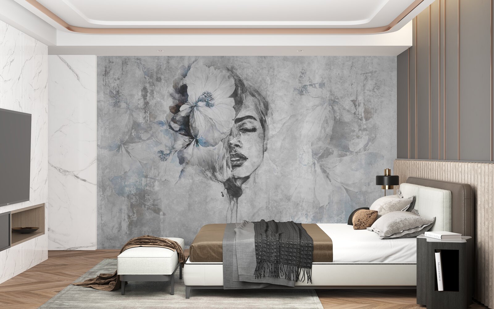 Fotobehang beeld van een meisje tegen een grijze achtergrond