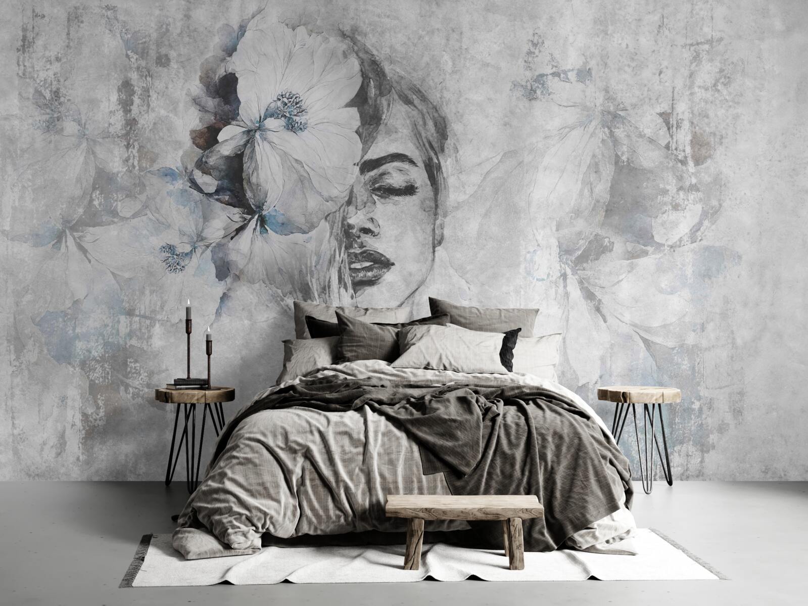 Fotobehang beeld van een meisje tegen een grijze achtergrond