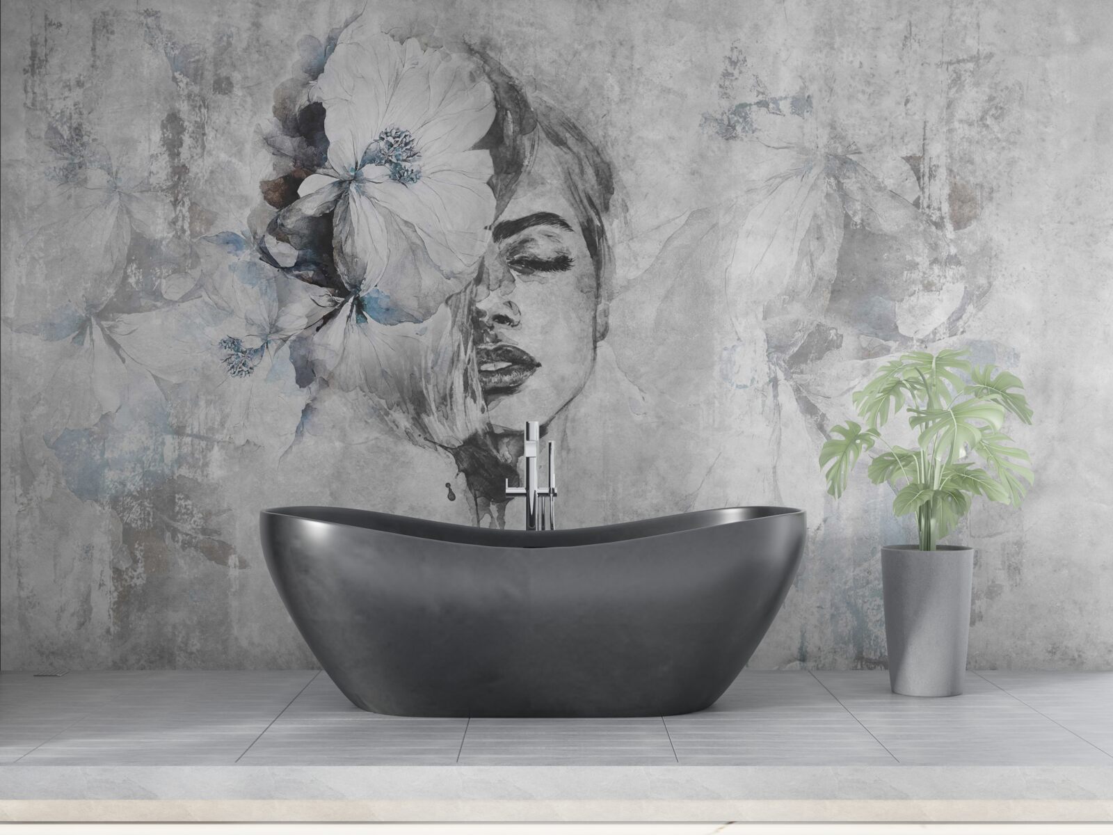 Fotobehang beeld van een meisje tegen een grijze achtergrond