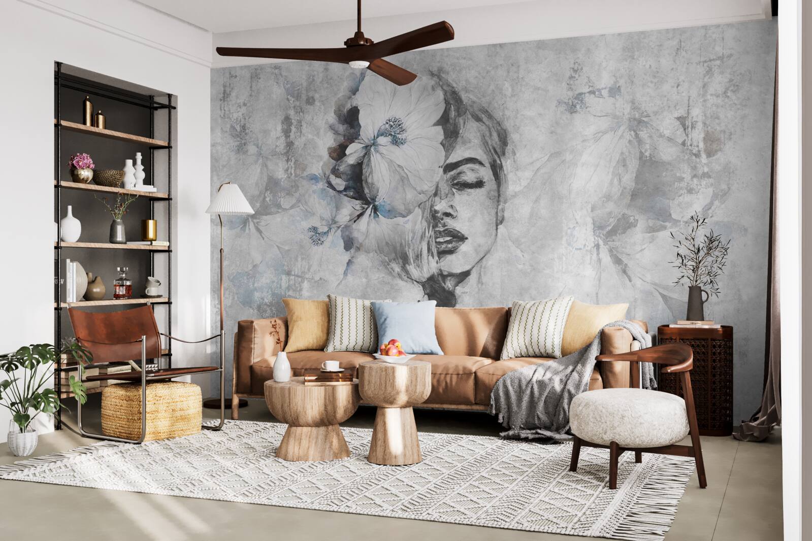 Fotobehang beeld van een meisje tegen een grijze achtergrond