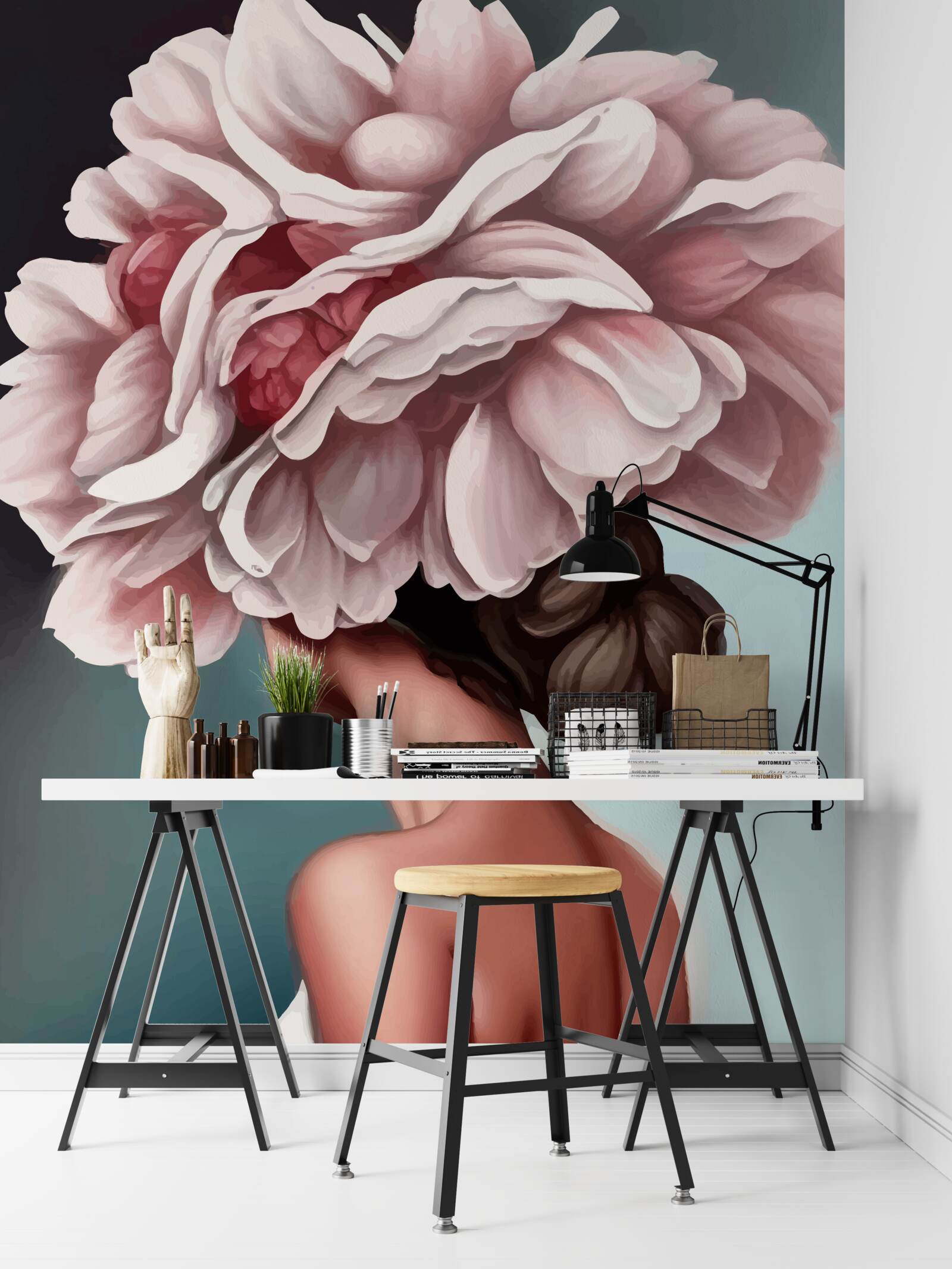 Fotobehang meisje wiens haar is vervangen door bloemen