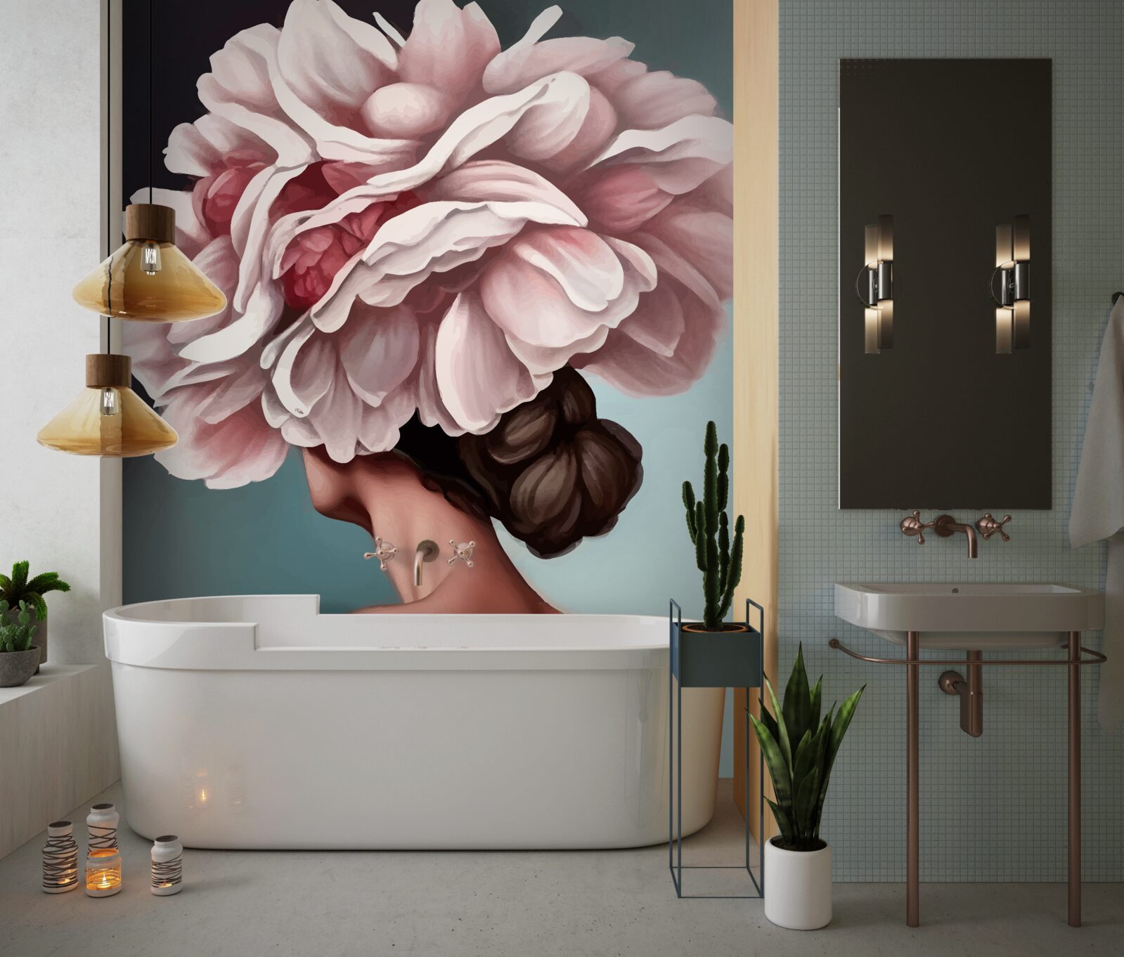 Fotobehang meisje wiens haar is vervangen door bloemen