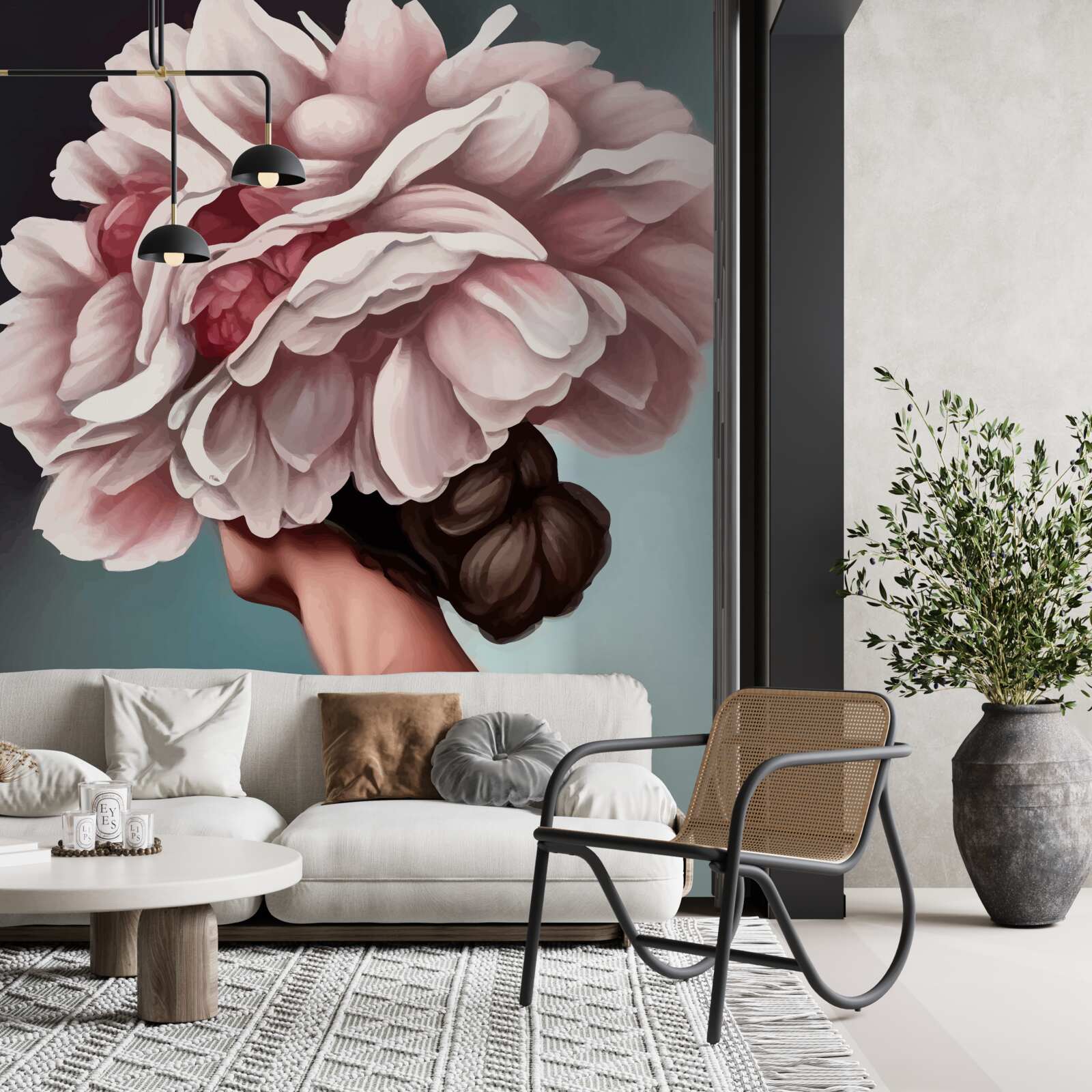 Fotobehang meisje wiens haar is vervangen door bloemen