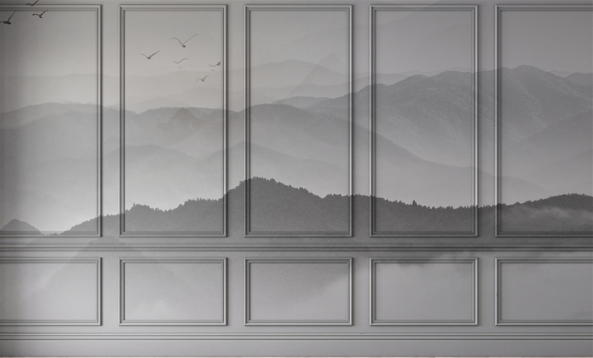 Fotobehang de bergen zijn bedekt met een steeds dichtere mist