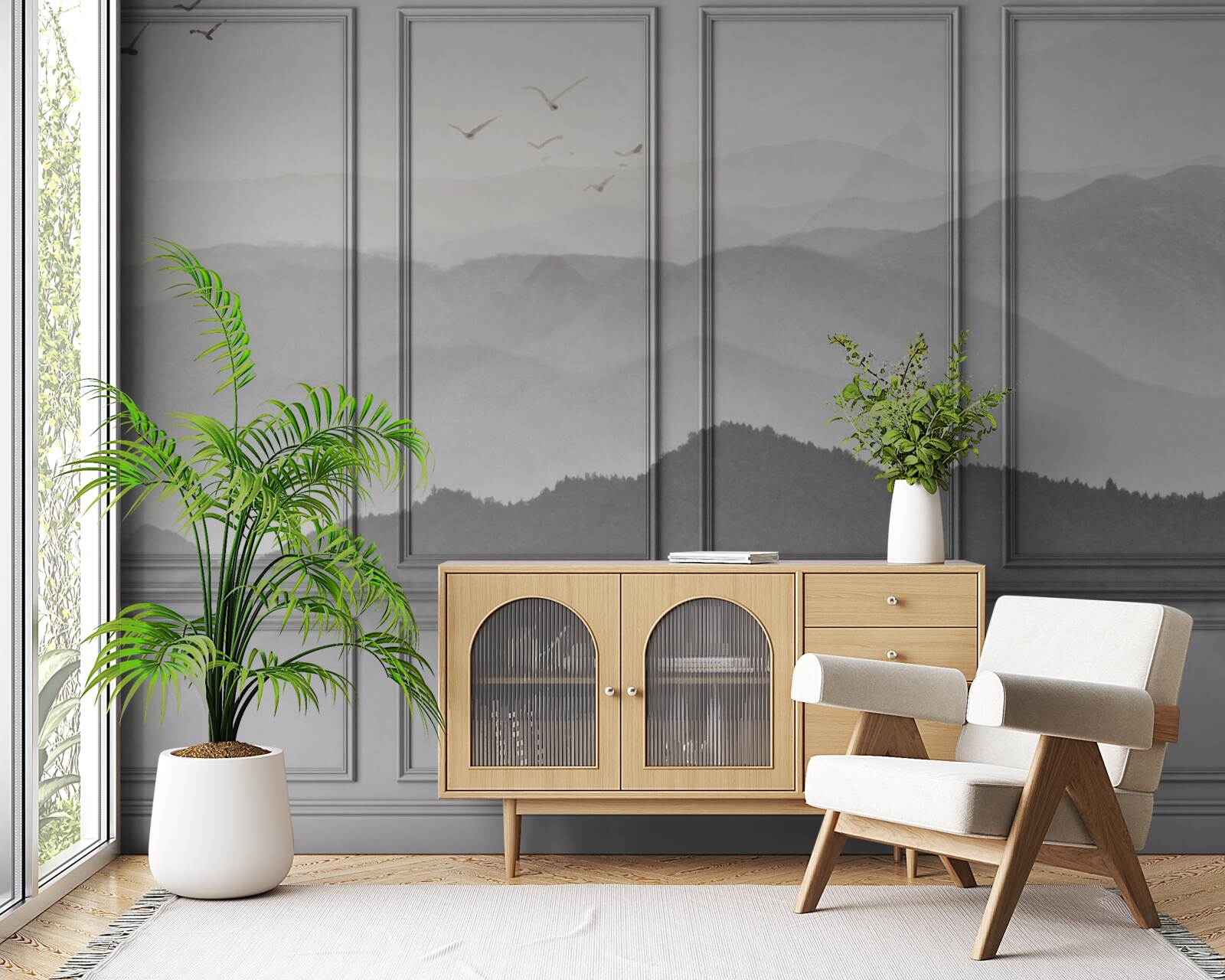 Fotobehang de bergen zijn bedekt met een steeds dichtere mist