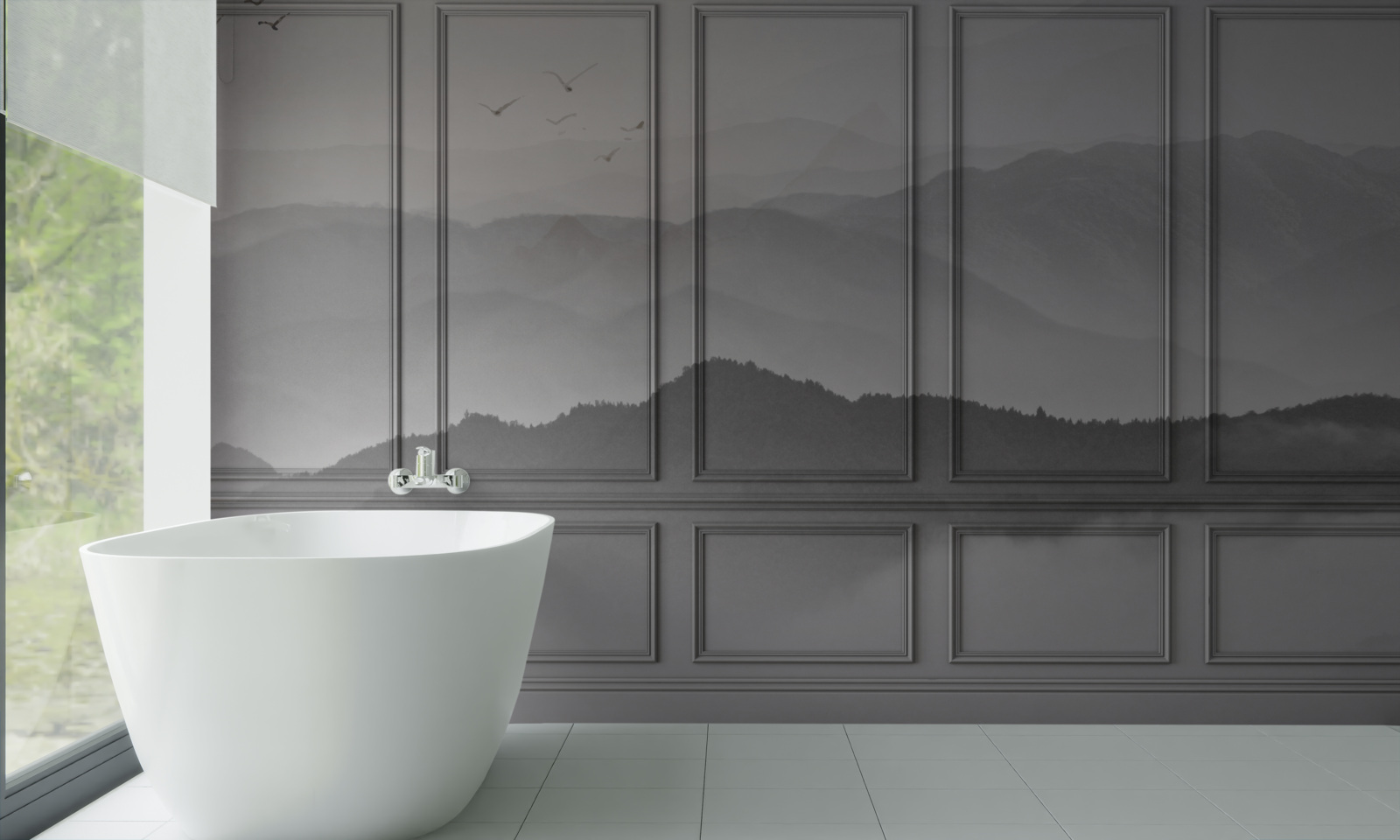 Fotobehang de bergen zijn bedekt met een steeds dichtere mist