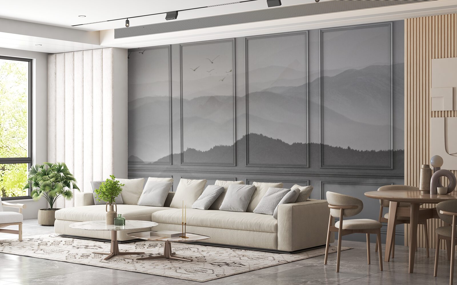 Fotobehang de bergen zijn bedekt met een steeds dichtere mist