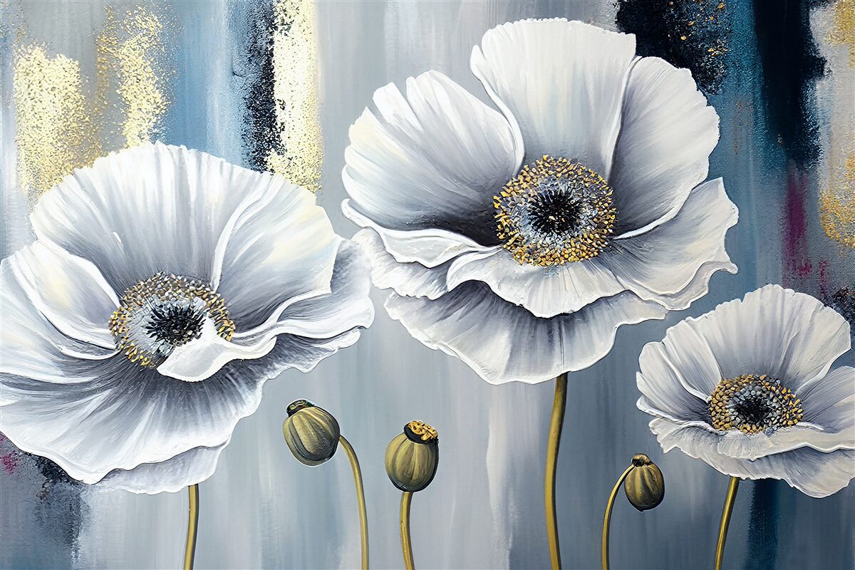 Fotobehang glanzend witte hoofden van bloeiende klaprozen