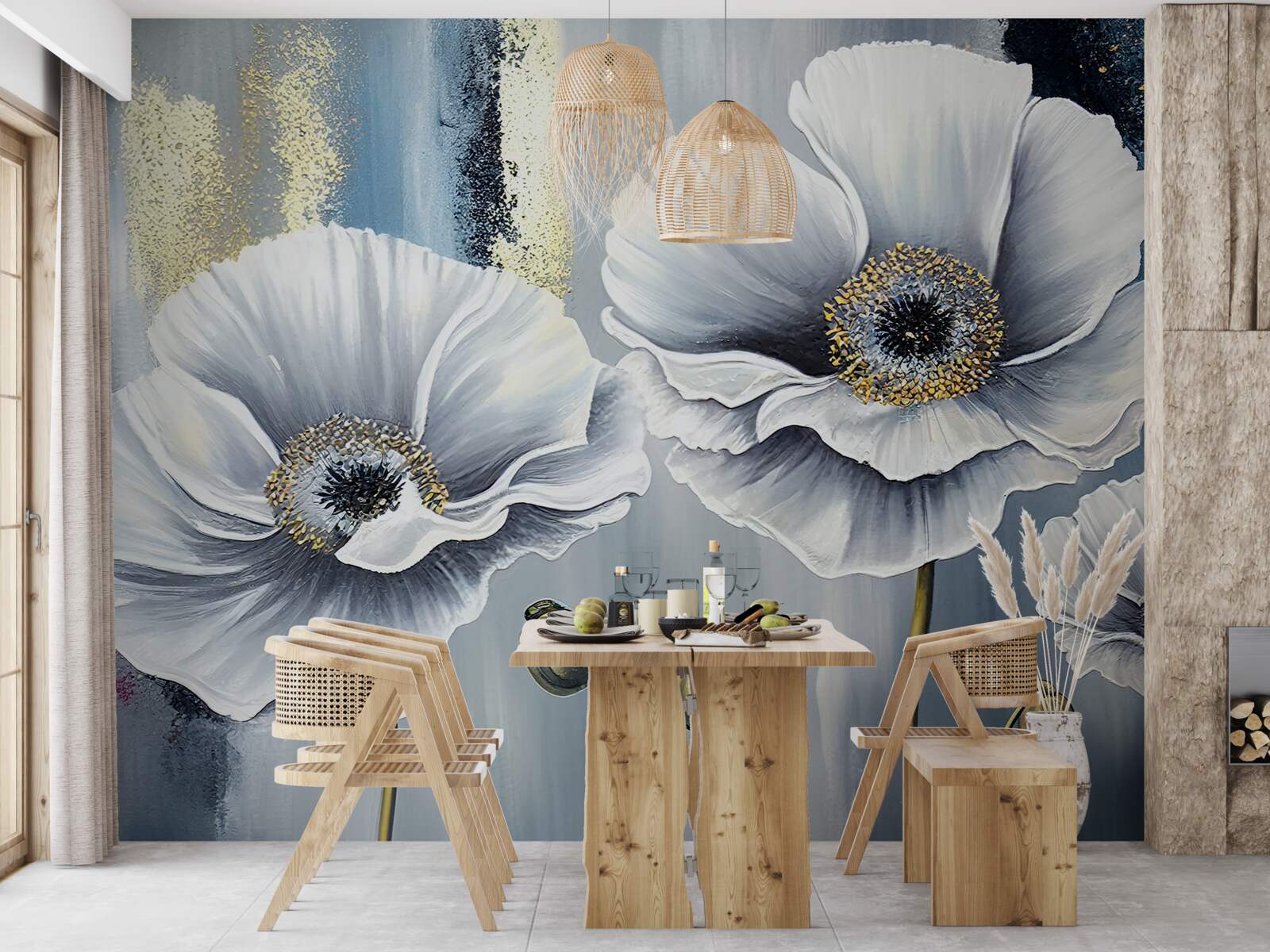 Fotobehang glanzend witte hoofden van bloeiende klaprozen