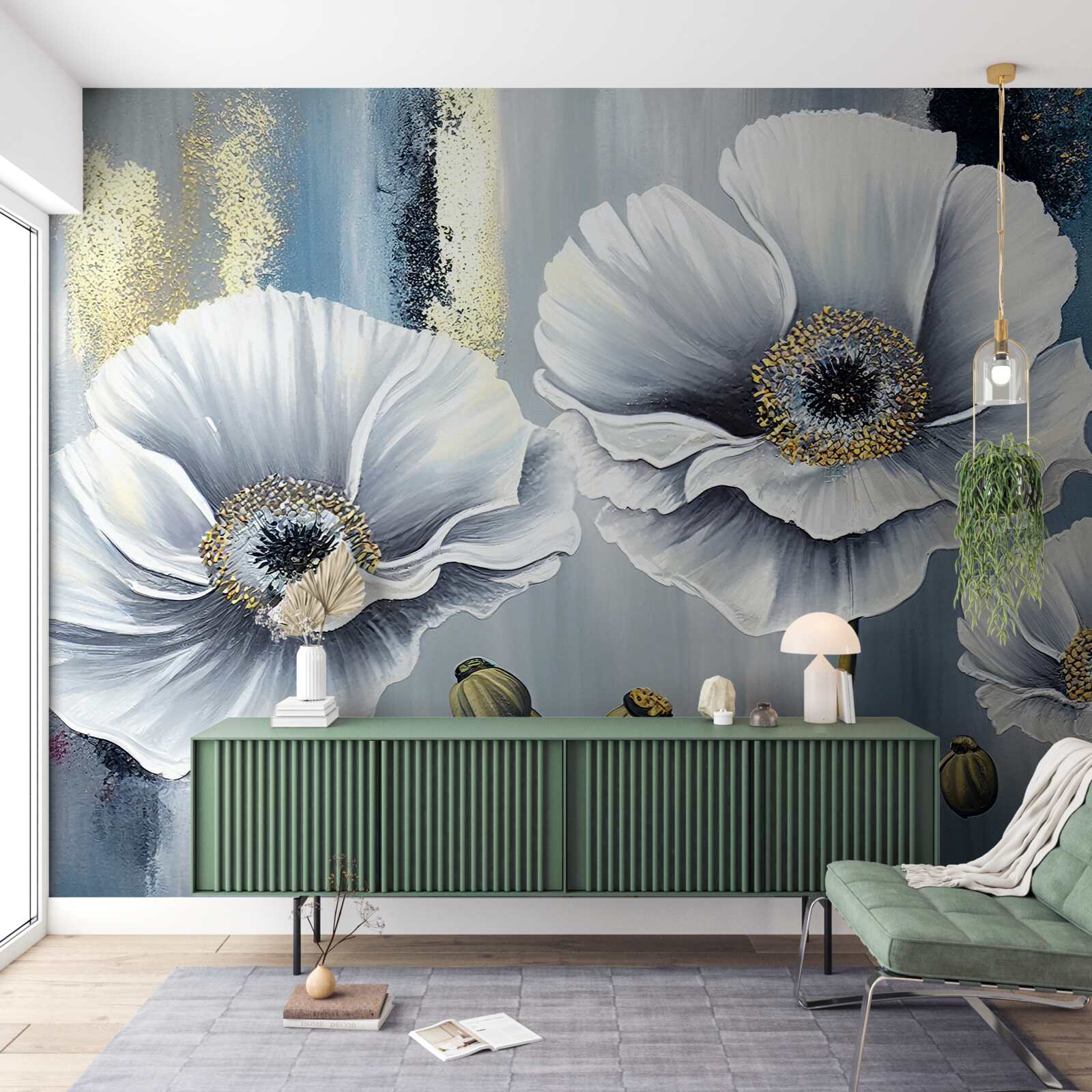 Fotobehang glanzend witte hoofden van bloeiende klaprozen