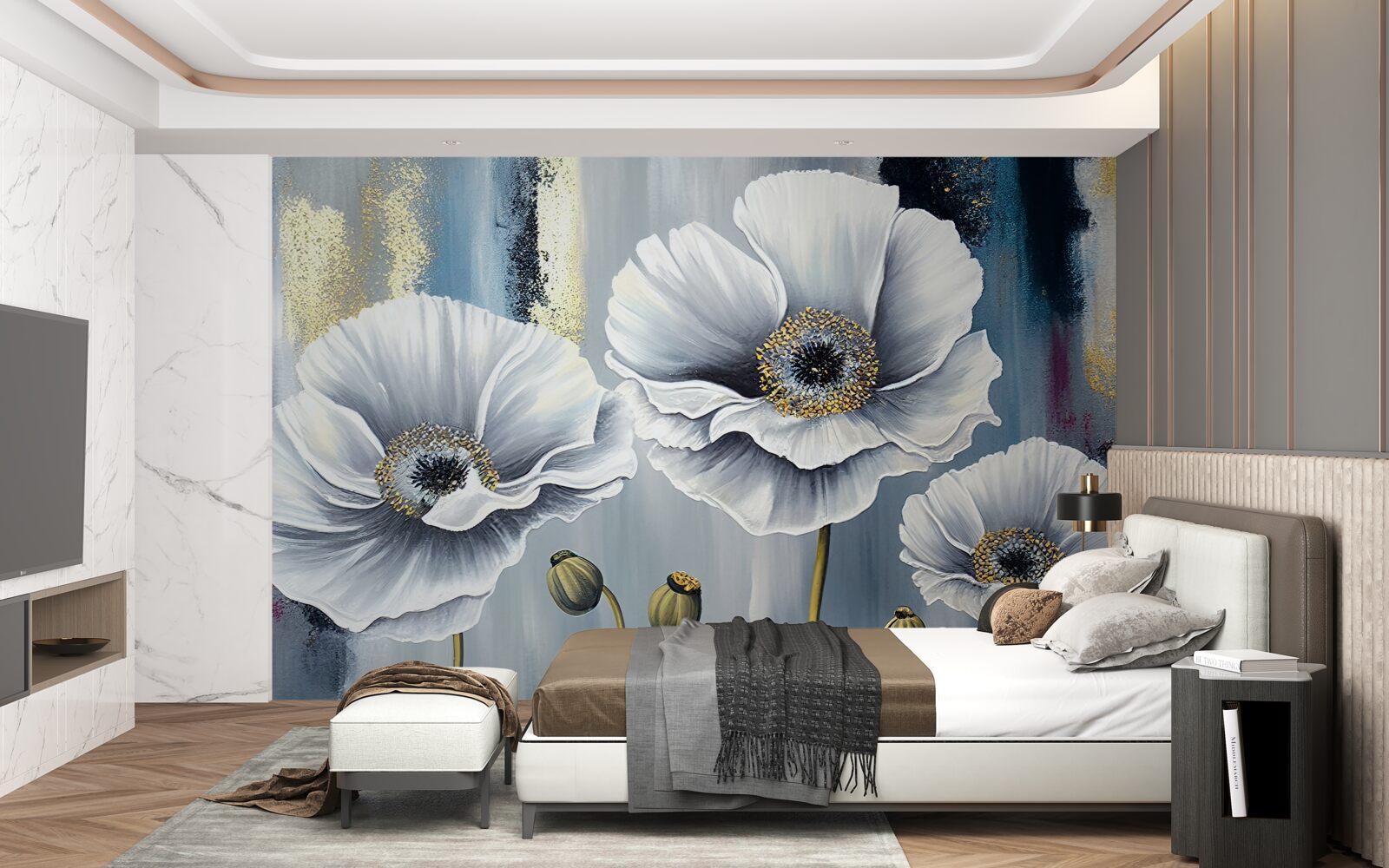 Fotobehang glanzend witte hoofden van bloeiende klaprozen