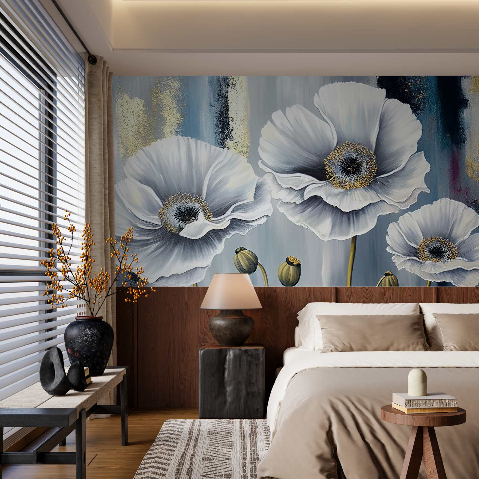 Fotobehang glanzend witte hoofden van bloeiende klaprozen