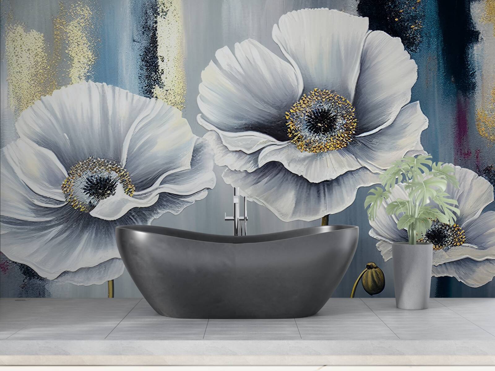 Fotobehang glanzend witte hoofden van bloeiende klaprozen