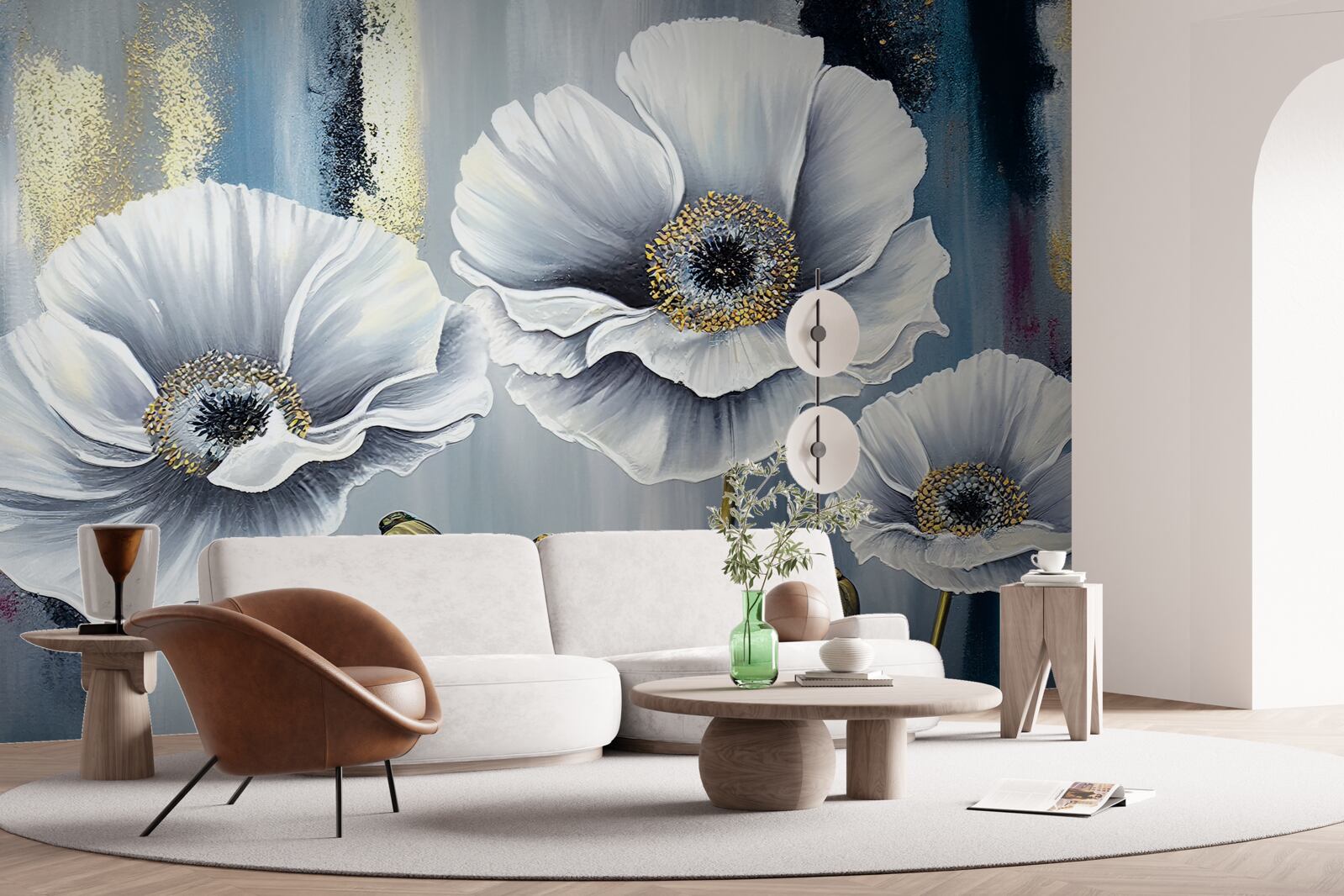 Fotobehang glanzend witte hoofden van bloeiende klaprozen