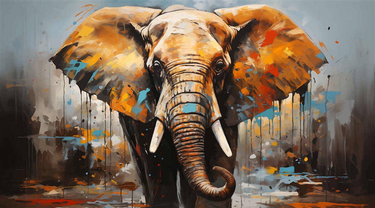 Fotobehang geschilderde afbeelding van een grote olifant met slagtanden