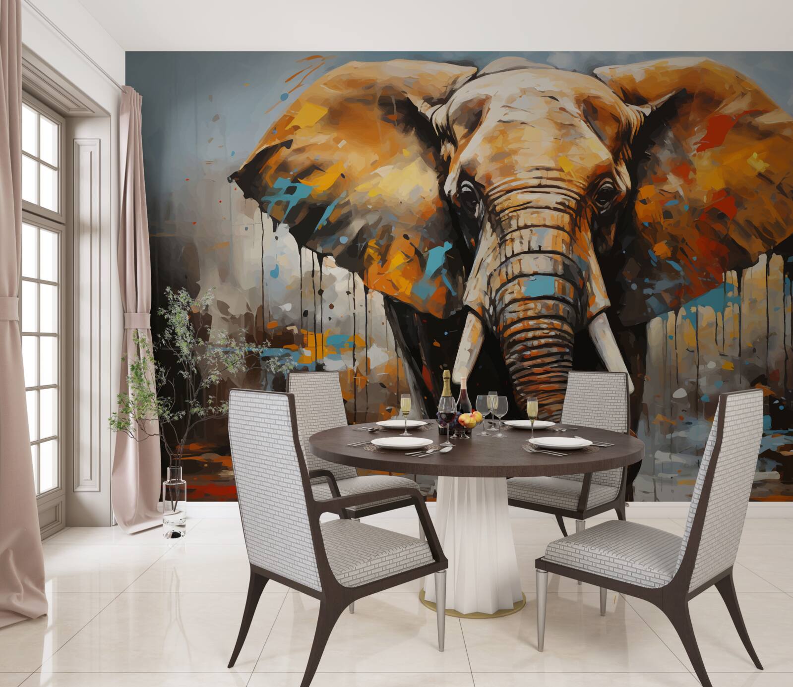 Fotobehang geschilderde afbeelding van een grote olifant met slagtanden