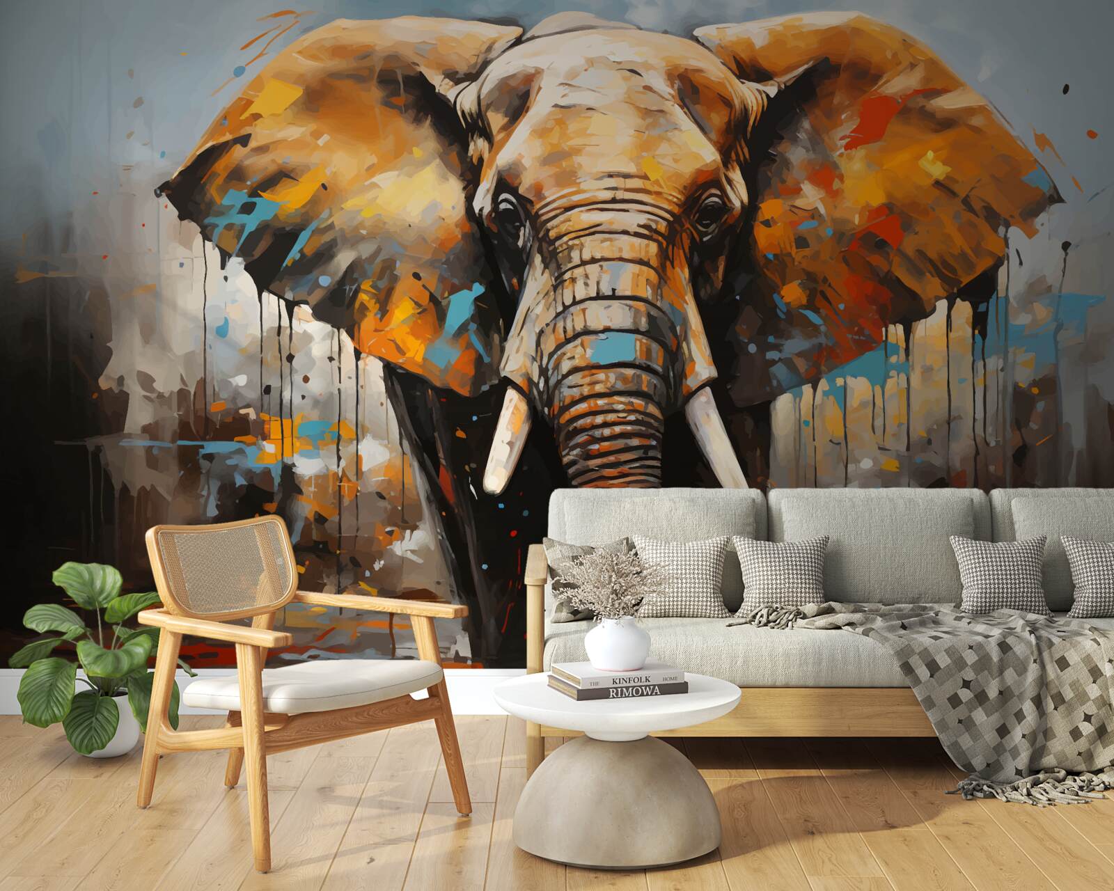 Fotobehang geschilderde afbeelding van een grote olifant met slagtanden