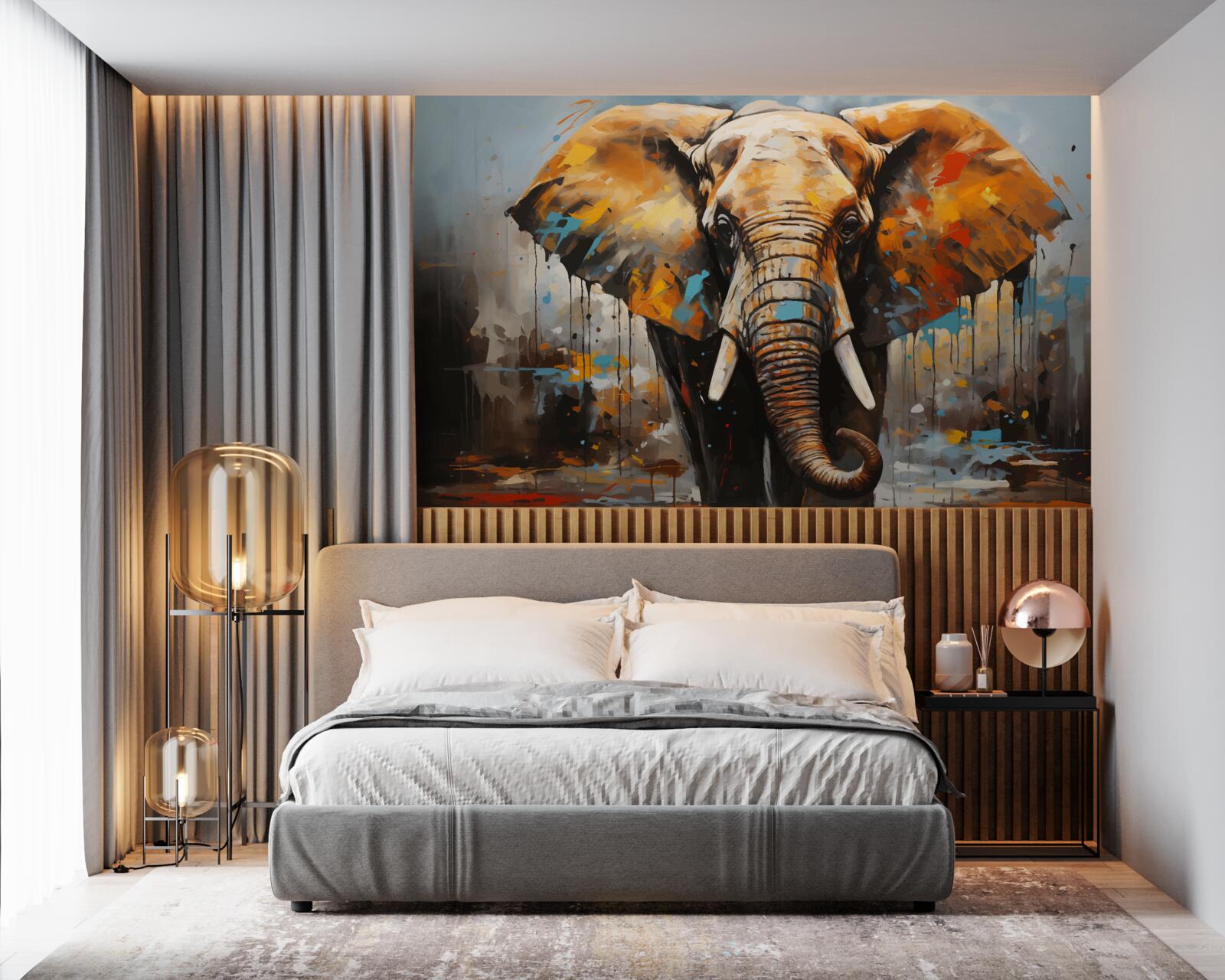 Fotobehang geschilderde afbeelding van een grote olifant met slagtanden