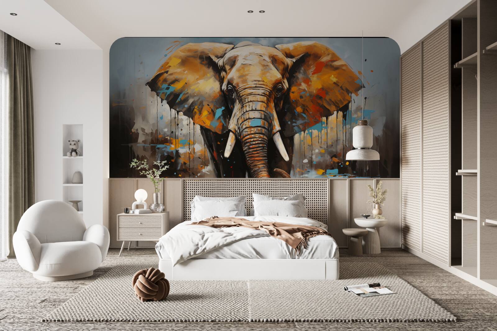 Fotobehang geschilderde afbeelding van een grote olifant met slagtanden