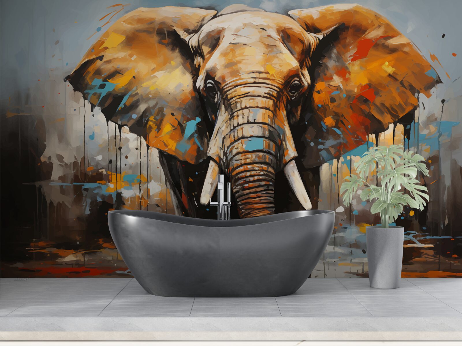 Fotobehang geschilderde afbeelding van een grote olifant met slagtanden