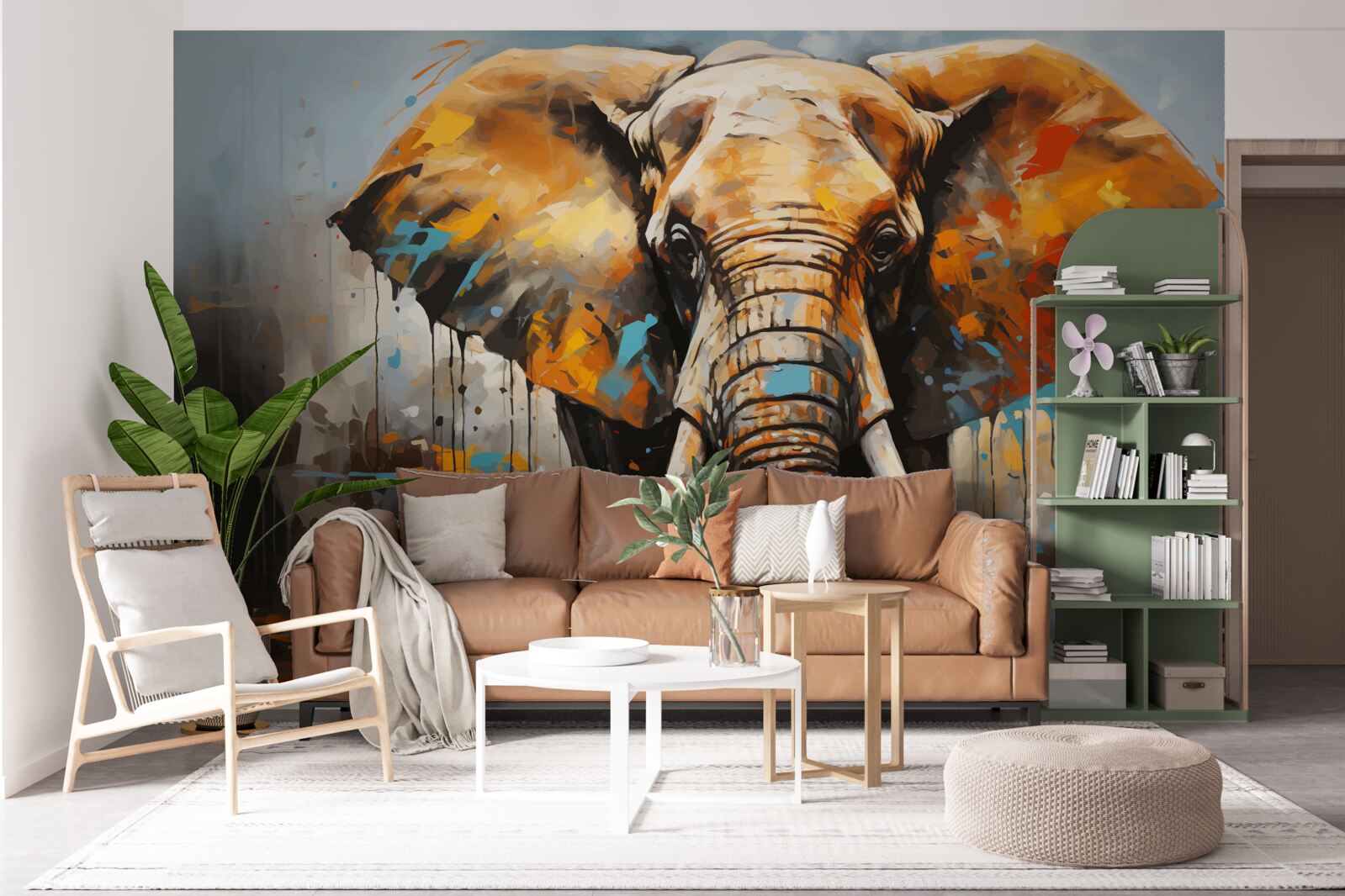 Fotobehang geschilderde afbeelding van een grote olifant met slagtanden