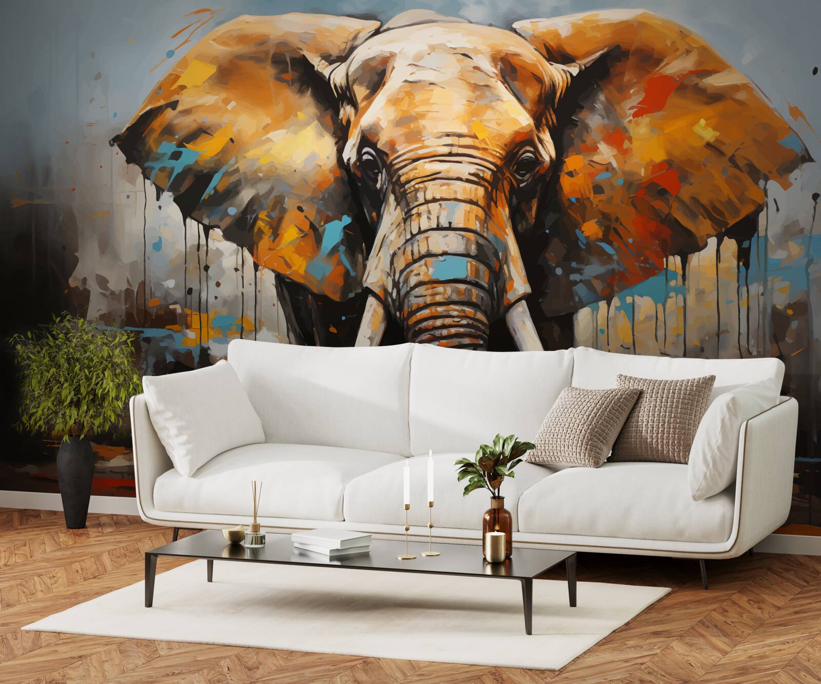 Fotobehang geschilderde afbeelding van een grote olifant met slagtanden