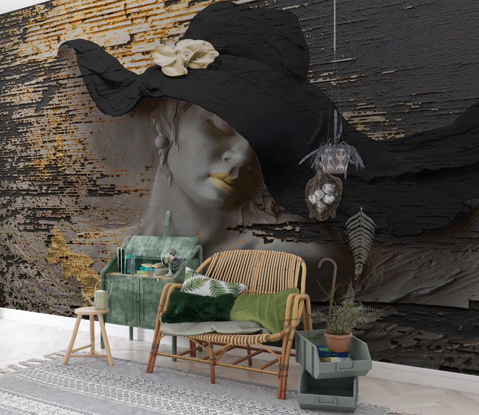 Fotobehang vrouw met bloemen in een hoed