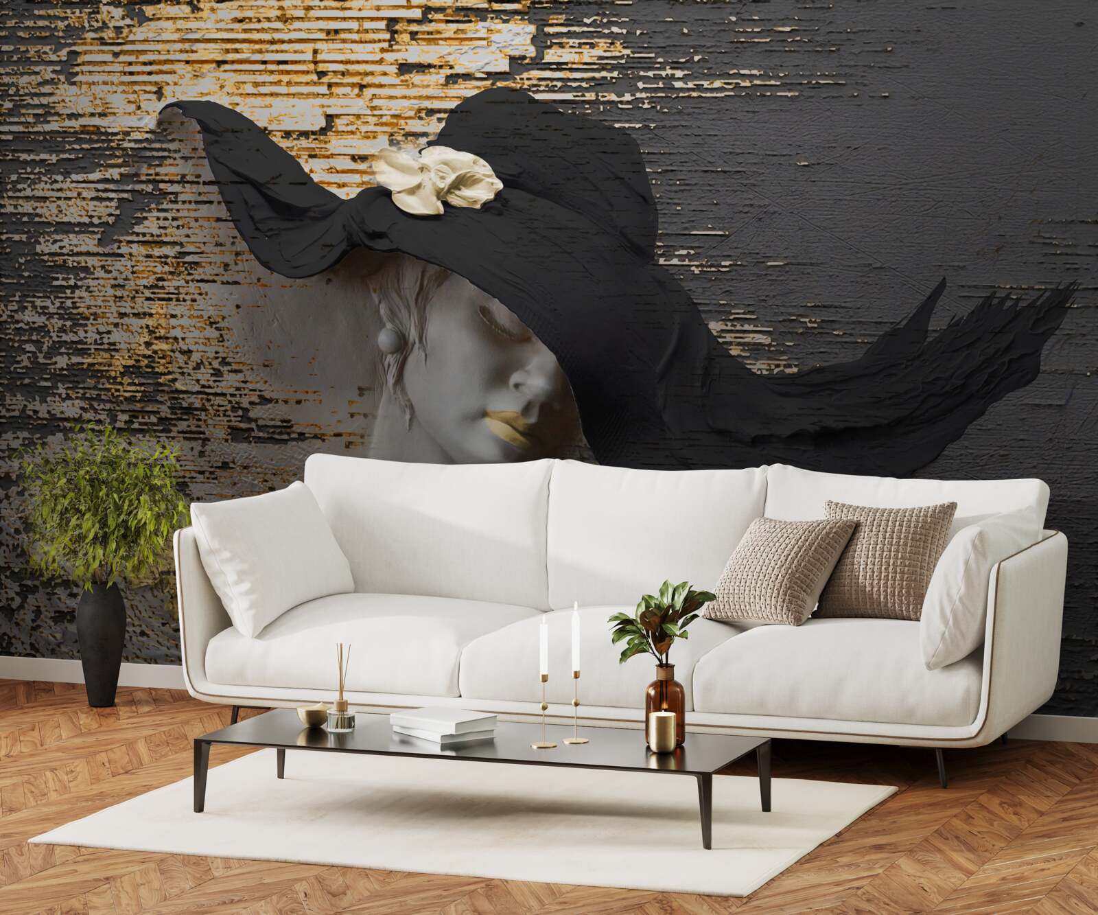 Fotobehang vrouw met bloemen in een hoed