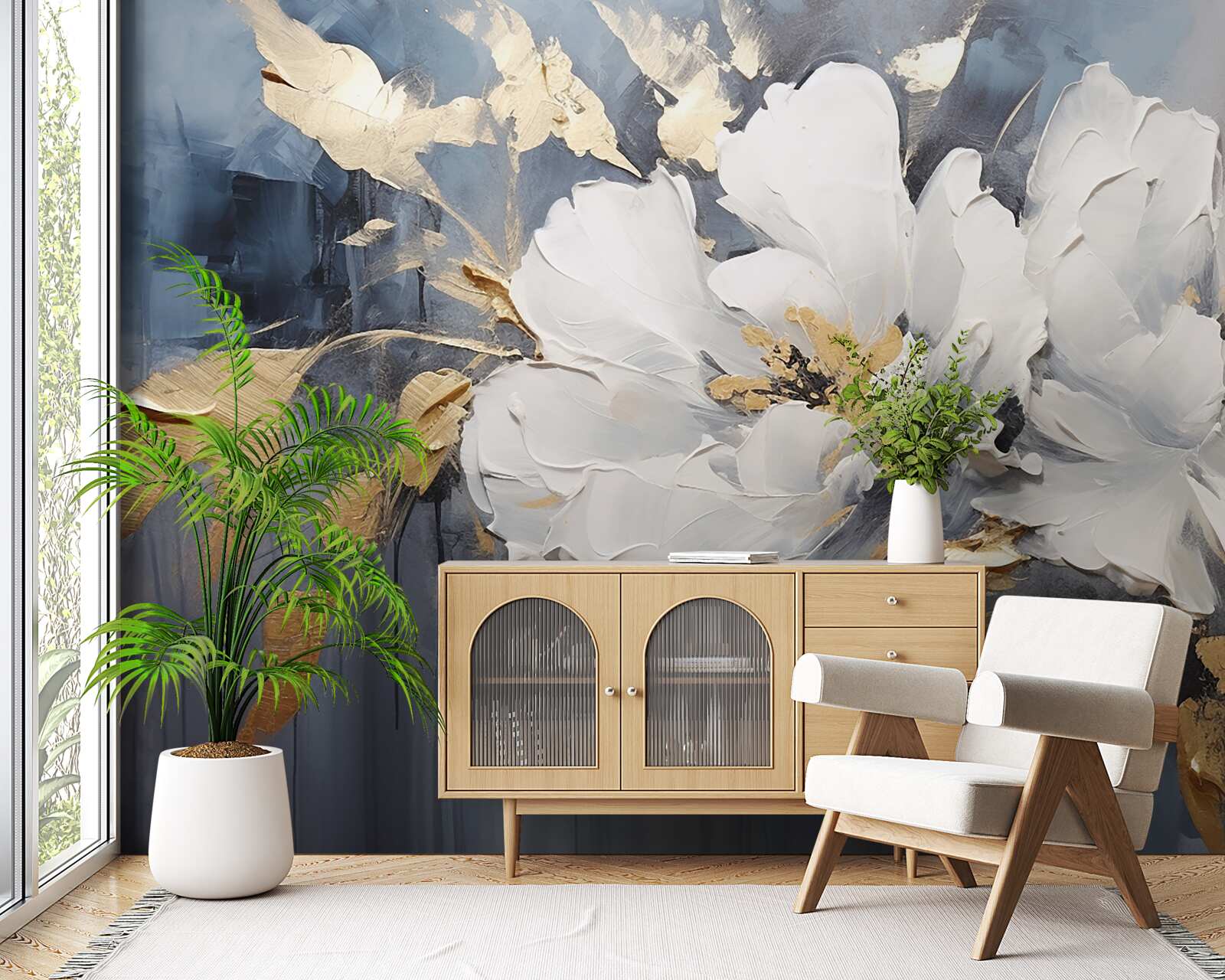 Fotobehang tijdens een regenbui, zachte sneeuwwitte knoppen